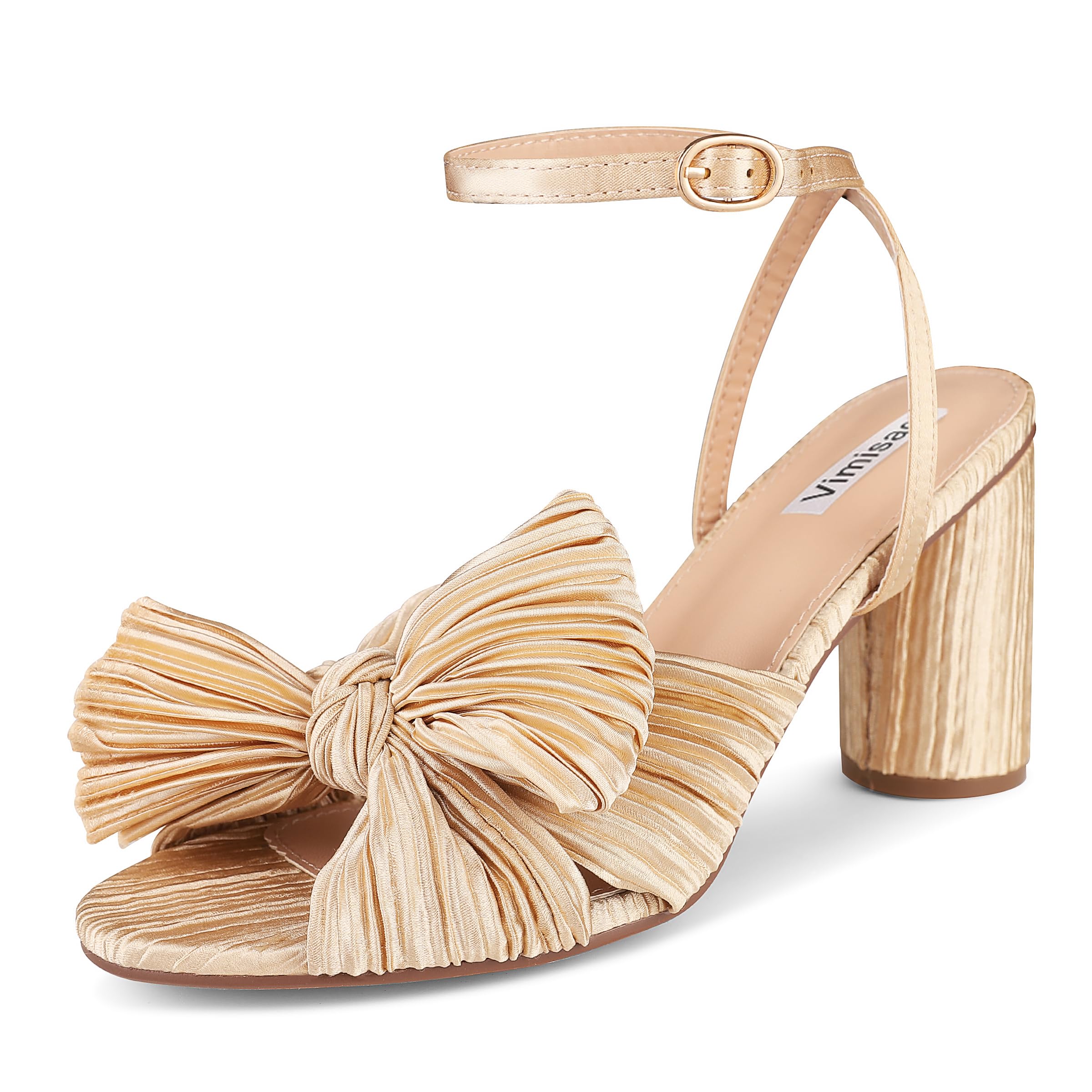 VIMISAOI Women's Bow Knot Heeled Sandals Open Toe High Block Chunky Heels Ankle Buckle Strap Pleated Bride Wedding Party Dress Shoes
