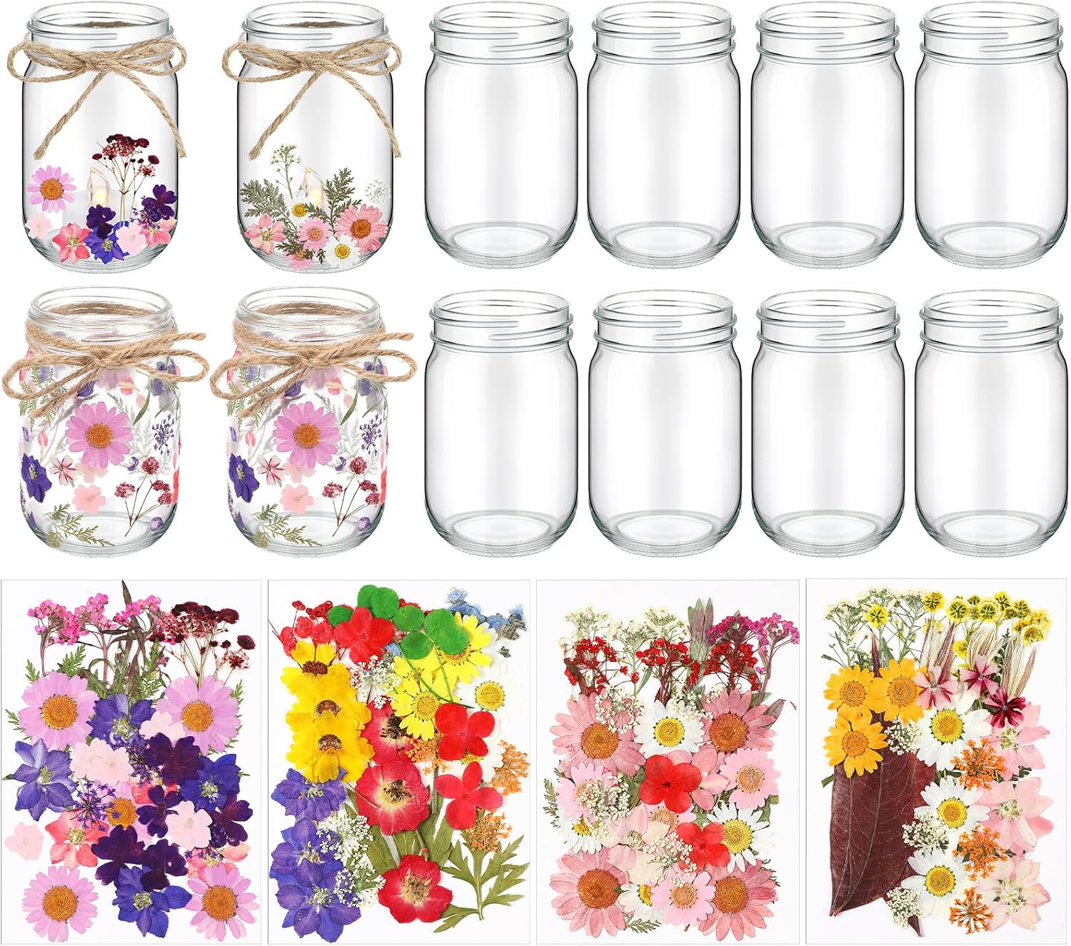 Tinideya 154 Pcs DIY Pressed Flowers Mason Jar Set Pressed Flower Lanterns 12 Mason Jar 140 Natural Real Dried Flower Centerpiece Making Favor for Wedding Candle Lantern Craft