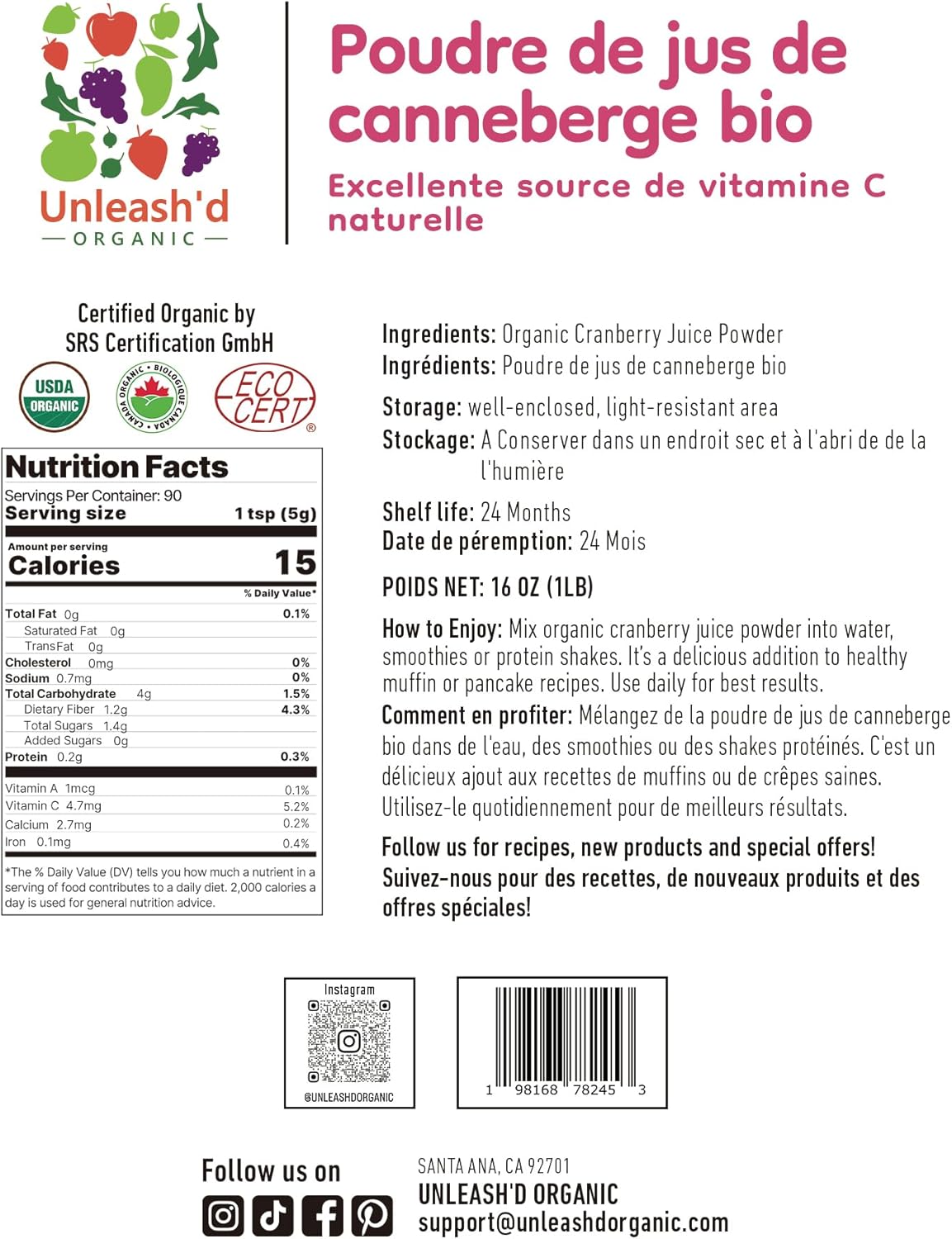 Unleash’d Organic Organic Cranberry Juice Powder 16 oz – 100% Pure Superfood, Rich in Antioxidants & Vitamins, Natural Nutrient Boost - Image 2