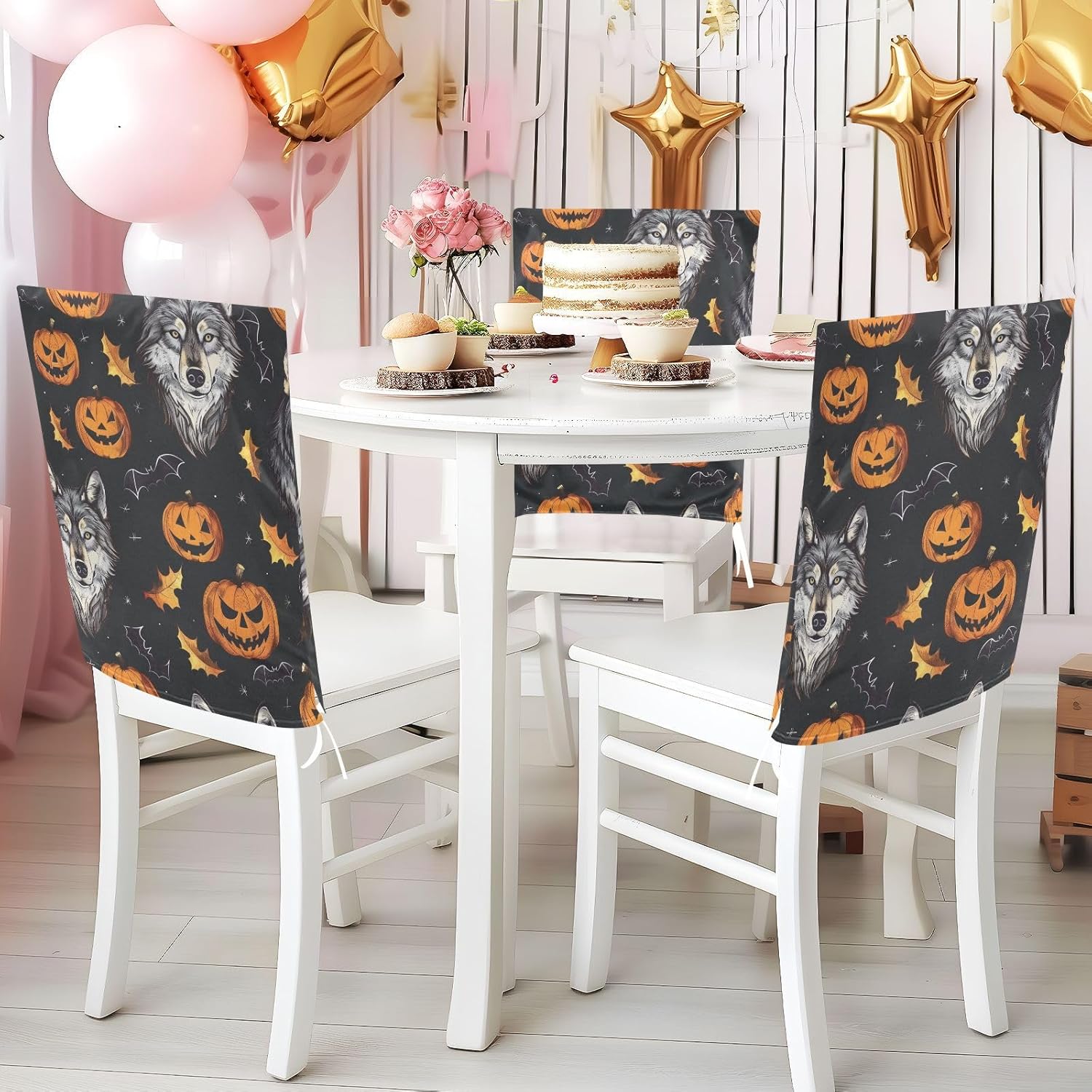 ALAZA Wolves and Halloween Pumpkin Chair Back Cover Set of 6, Washable Reusable Removable Chair Slipcovers Decorative Chair Cover for Home Kitchen Wedding Party