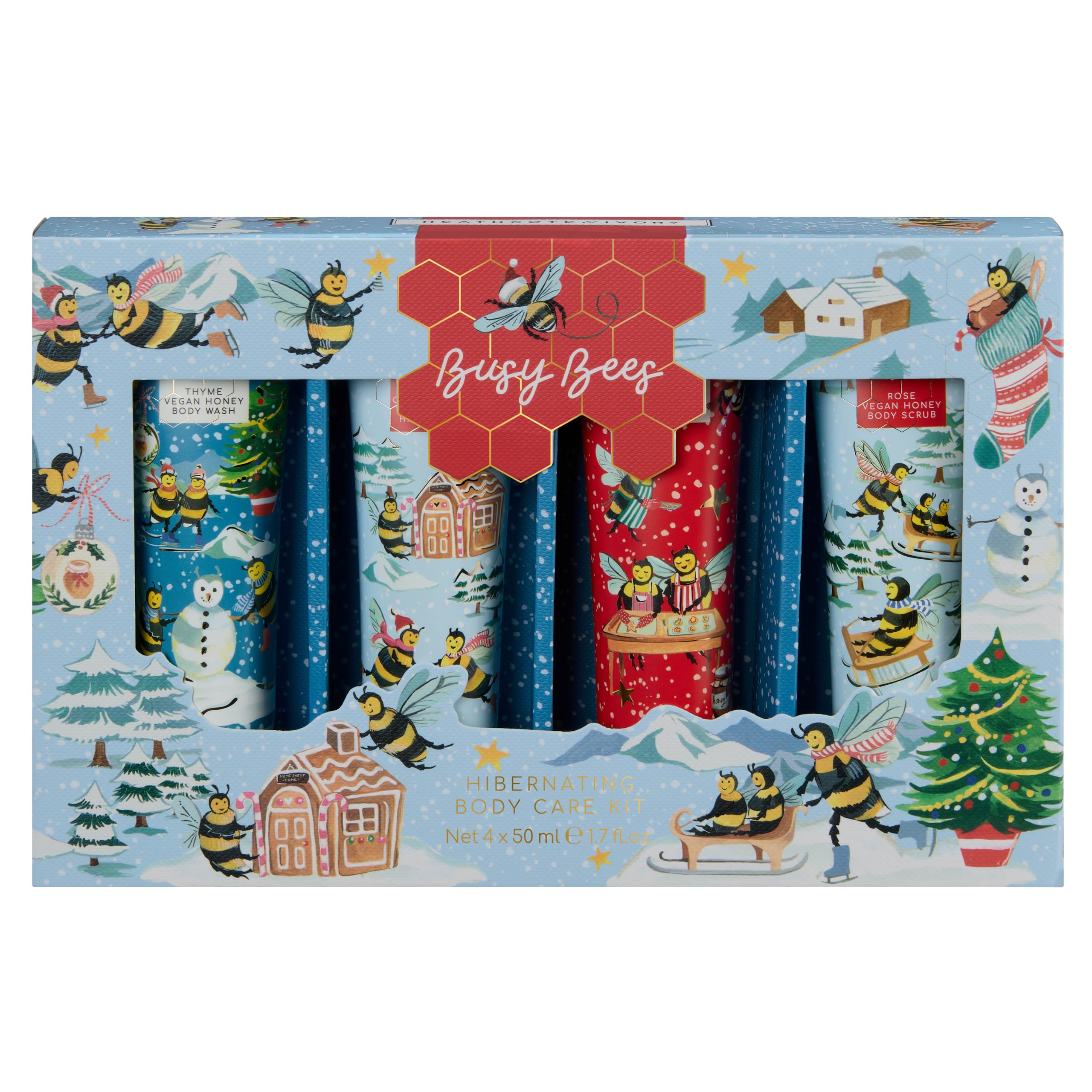 Heathcote & Ivory Hand Cream, Body Wash, Scrub, Lotion x4 50ml, Cleanse, Smooth, Moisturise, Orange Blossom and Vegan Honey Fragrance, Beauty Gift For Her, Travel Size, Cruelty Free