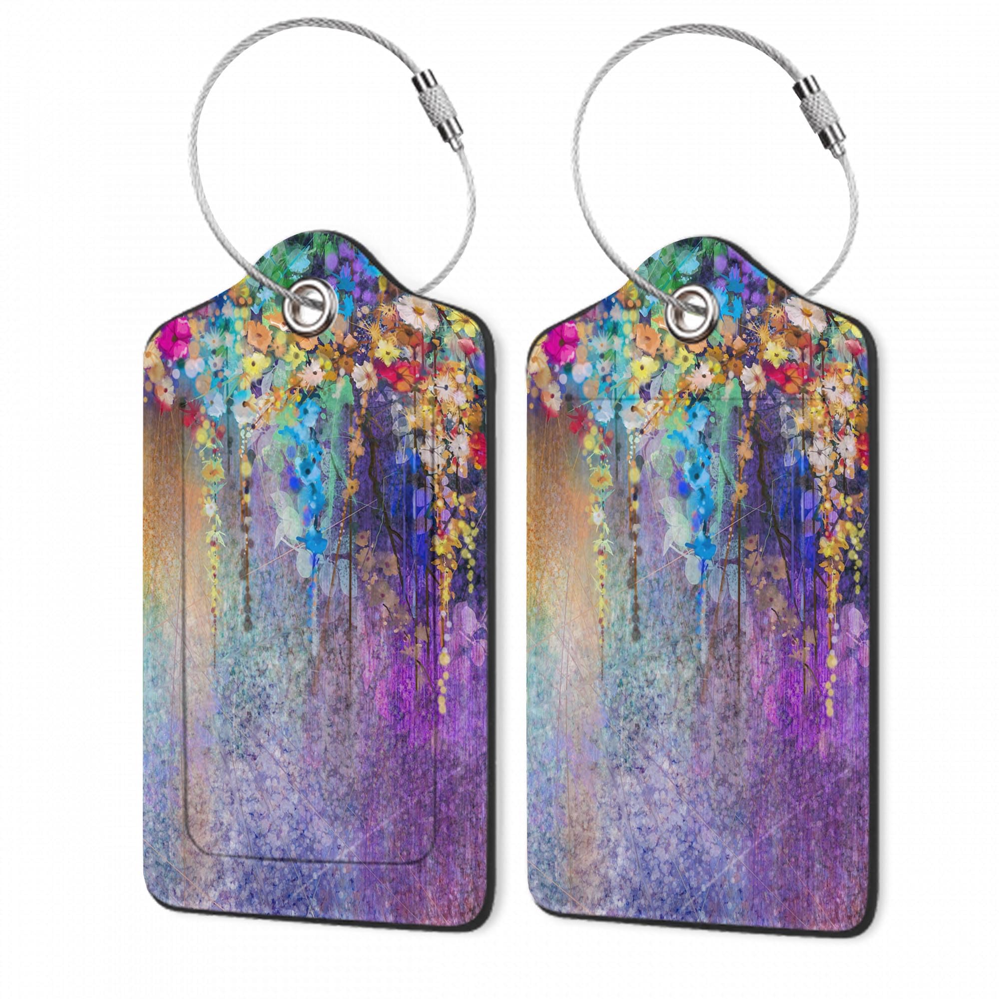 2Pcs Luggage Tag for Suitcase Watercolor Purple Flowers Cute Suitcase Tag with Privacy Flap & Name ID Label & Metal Loop,Travel Bag Luggage Tags for
