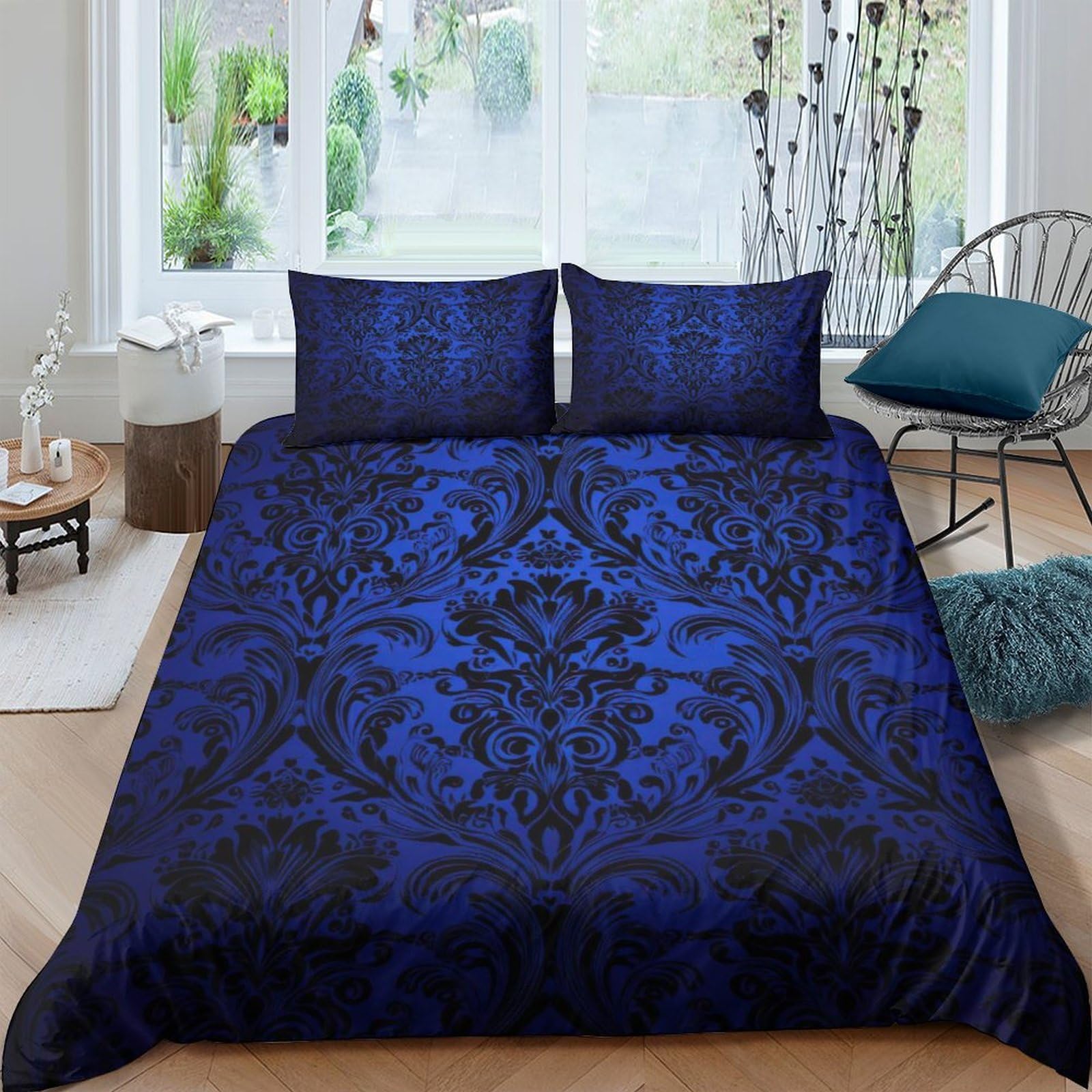 Ctjqhvkz Style-9 3D Printed Royal Blue Baroque Fitted Sheet Microfiber Soft Breathable Damask Bed Cover For Bedroom Guest Room Decor Single（135X200cm）