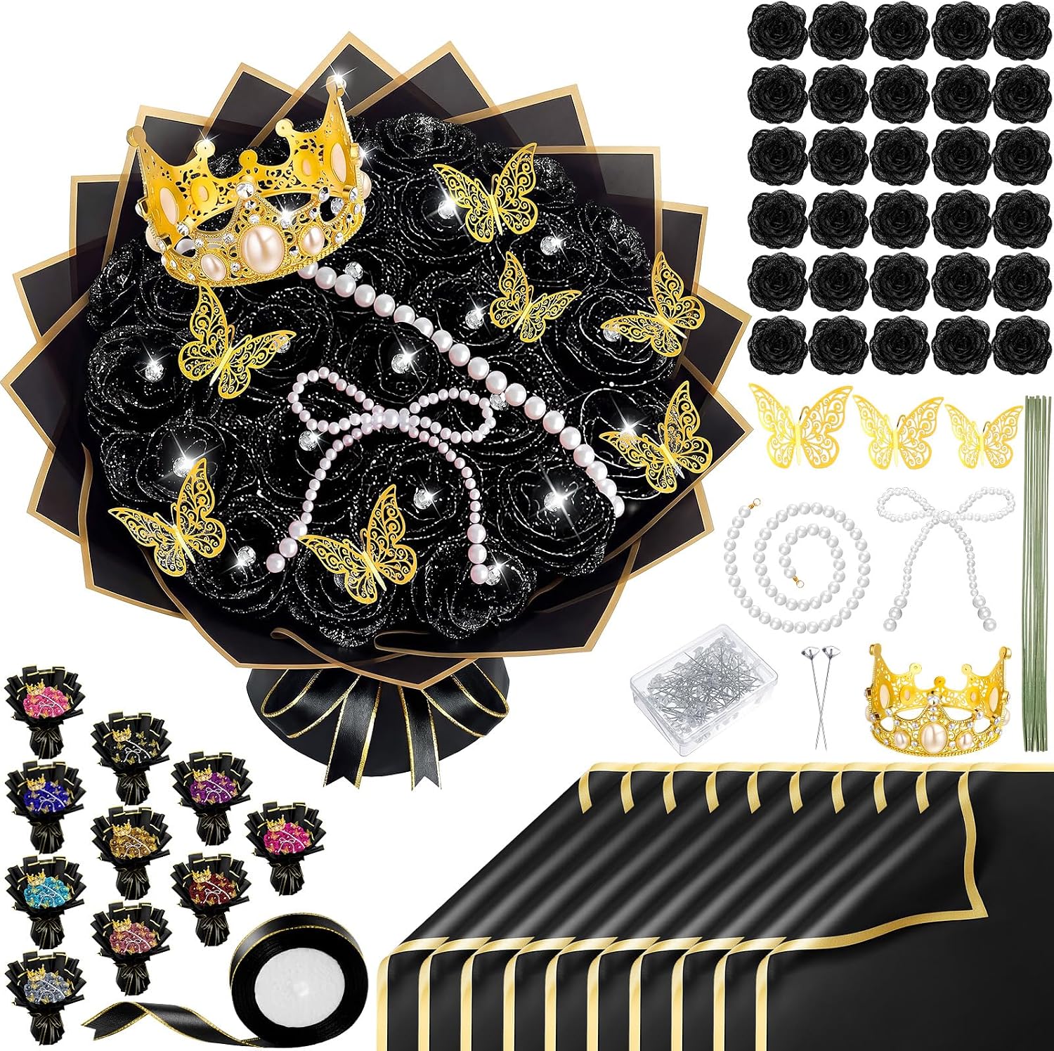 Daifunli 196 Pcs Graduation Gifts DIY Glitter Roses Bouquet Kit Artificial Flower Bouquet Kit Grad Birthday Gifts Flower Wrapping Paper 3D Butterflies Crowns for Grad Wedding Anniversary(Black)