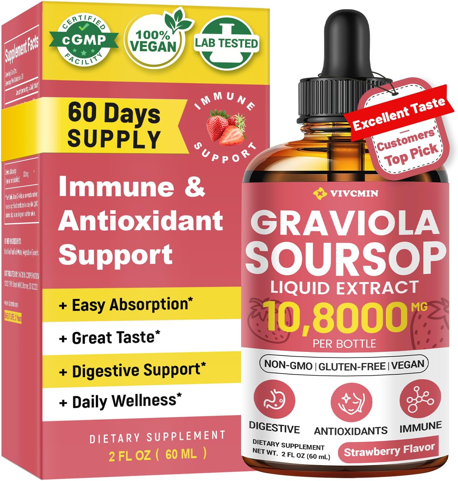 Graviola Soursop Leaf Extract Liquid - Soursop Bitters Liquid, Support Immune, Relax, Liver and Sleep, Sugar & Alcohol-Free, Highly Absorbable Formula, Strawberry Flavor, 2 Fl Oz