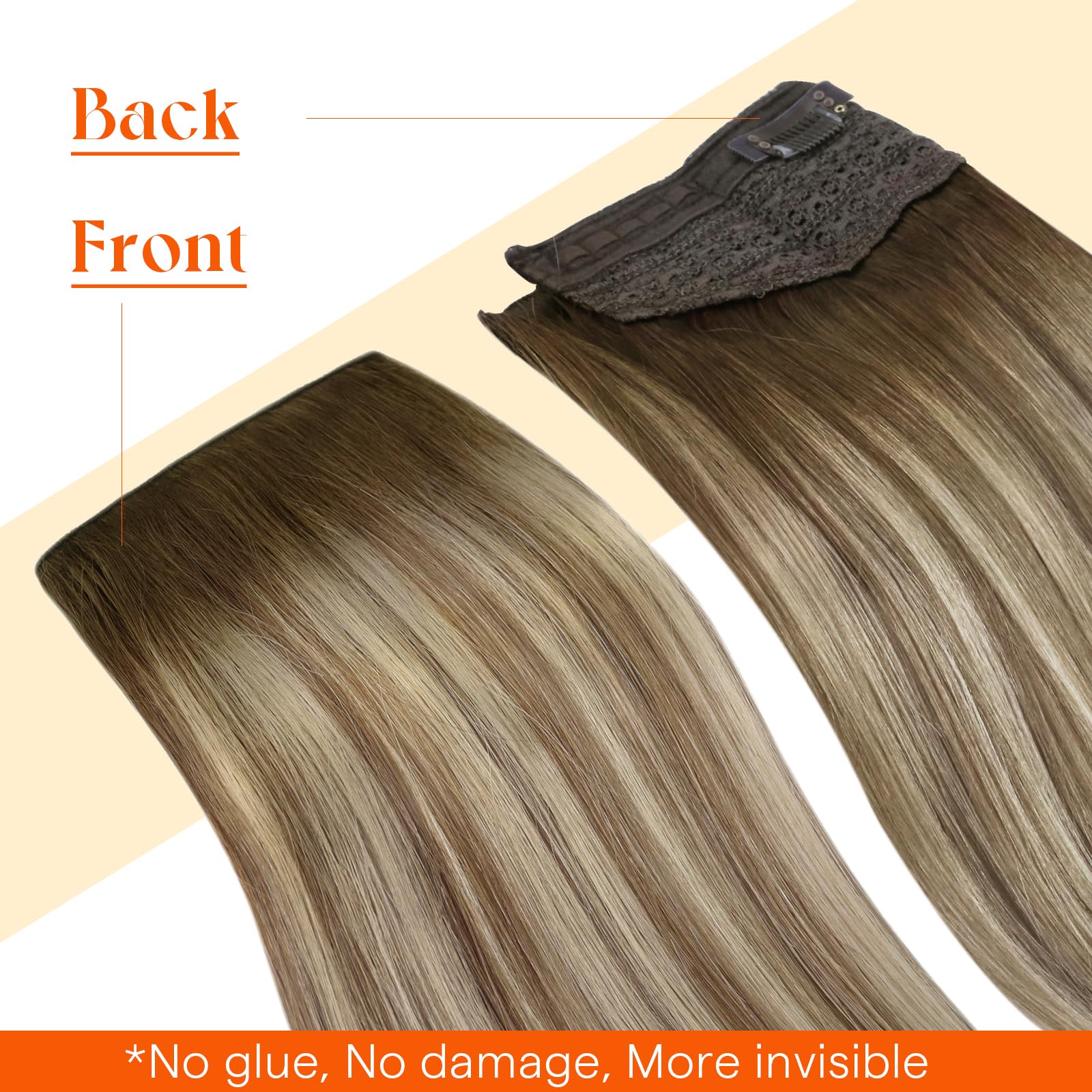 Sunny Hair Wire Hair Extensions for Women 16inch Straight Fish Line Human Hair Extensions Invisible Wire Extensions Easy to Apply Cool Brown Ombre Light Brown Balayage Blonde 85g — view 8