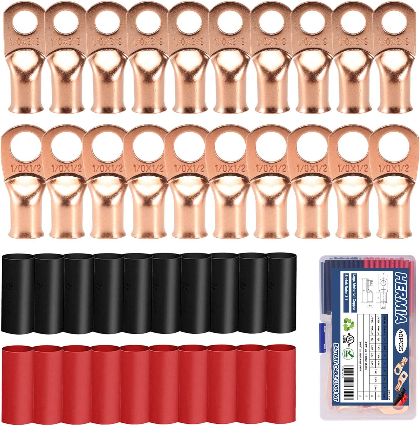 HerMia 20 Pack UL Heavy Duty Wire Lugs 1/0 AWG-1/2'', 1/0 AWG-3/8'' Tubular Ring Terminals Connectors Battery Cable Ends, Bare Copper Eyelets with 3:1 Dual Wall Adhesive Heat Shrink