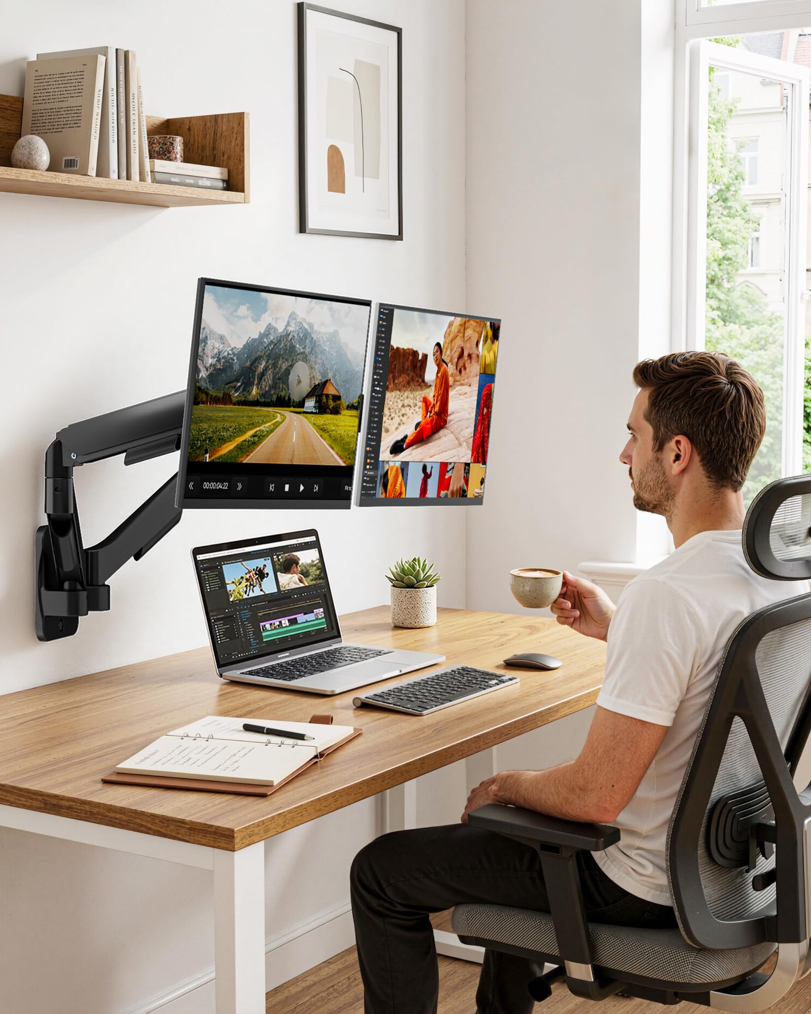 monTEK Soporte de pared para 2 monitores de 17 a 32 pulgadas hasta 9 kg | Giratorio, inclinable y giratorio, altura regulable, VESA 75 x 75/100 x 100