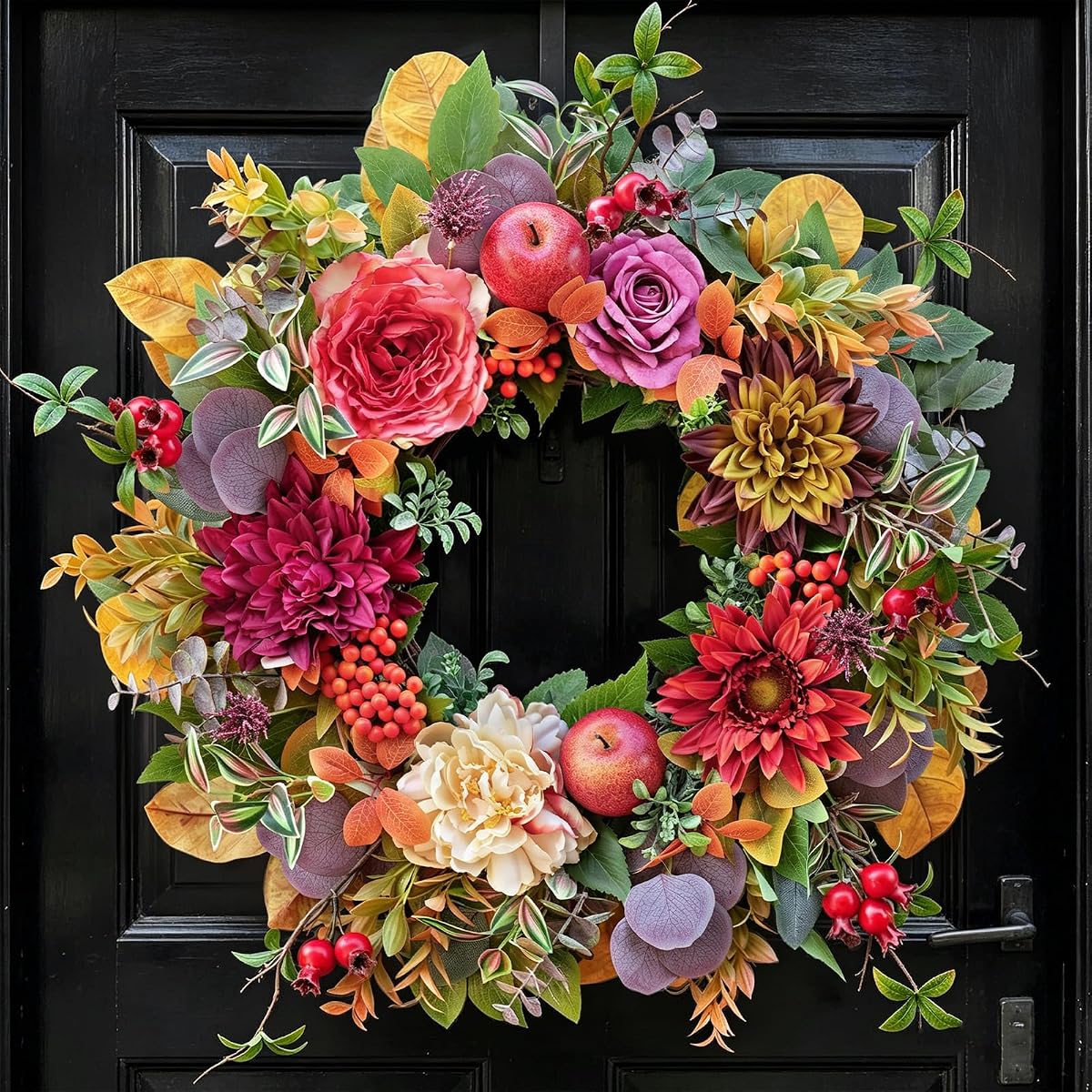 Fall Wreaths for Front Door 24 Inch Autumn Wreath Rustic Thanksgiving Decor | Fall Door Wreath with Dahlia, Apples, Berries & Leaves Fall Wreath for Outdoor Wreaths for Front Door, Autumn Decor