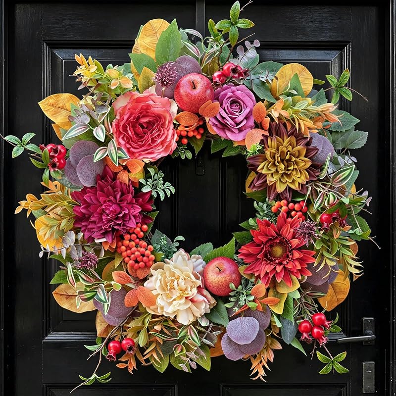 Fall Wreaths for Front Door 24 Inch Autumn Wreath Rustic Thanksgiving Decor | Fall Door Wreath with Dahlia, Apples, Berries & Leaves Fall Wreath for Outdoor Wreaths for Front Door, Autumn Decor