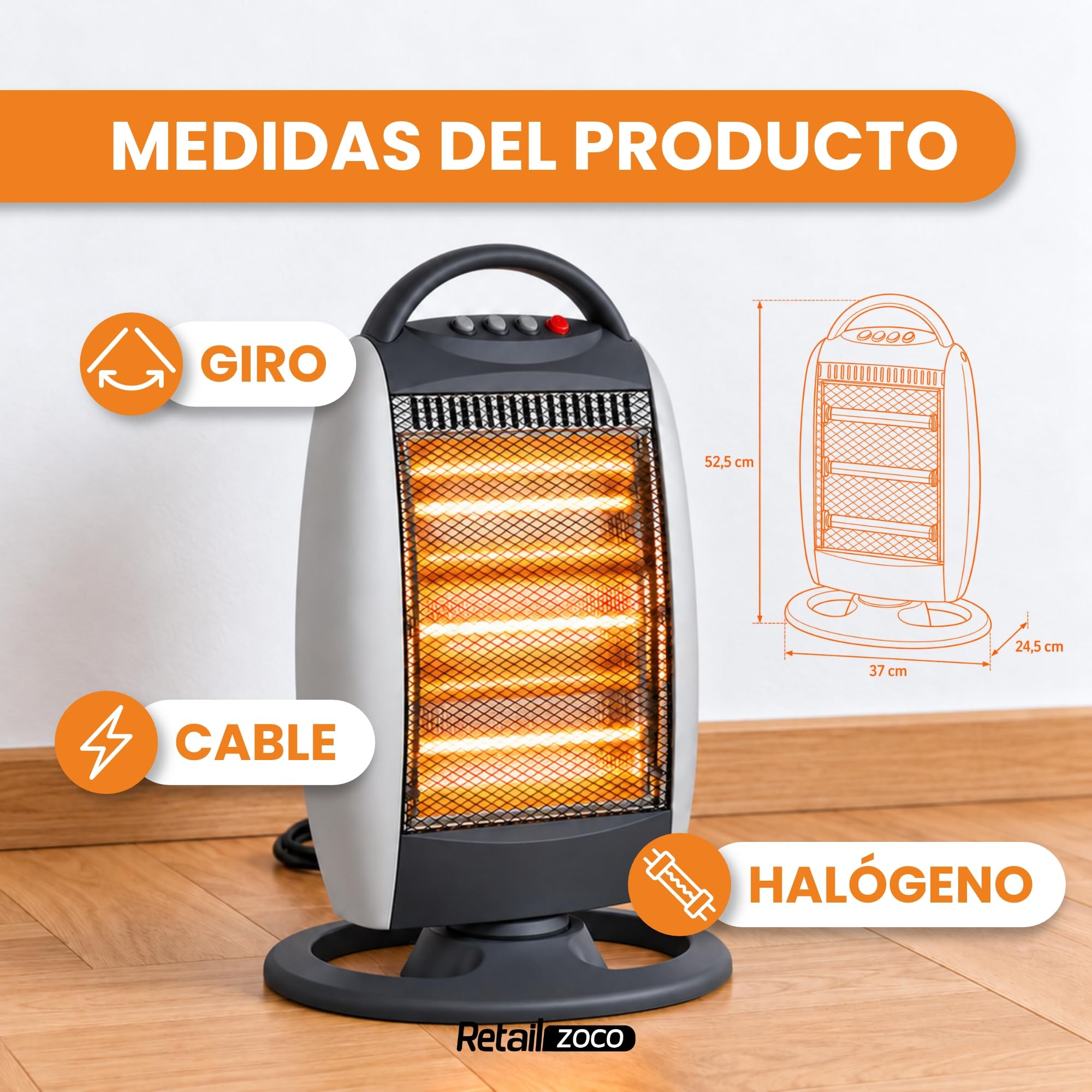 Estufa Halógena Oscilante 400/800/1200 W con Antivuelco y Asa, Negro - imagen 3