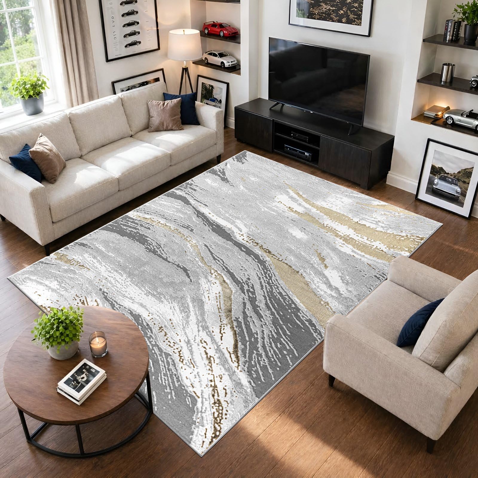 renoazul® Jute Back Large Rugs For Living Room - Jeze Abstract Ochre Rug - 200 x 290 cm - Washable Bedroom Carpet, Lounge and Sitting Room Rug — image 1