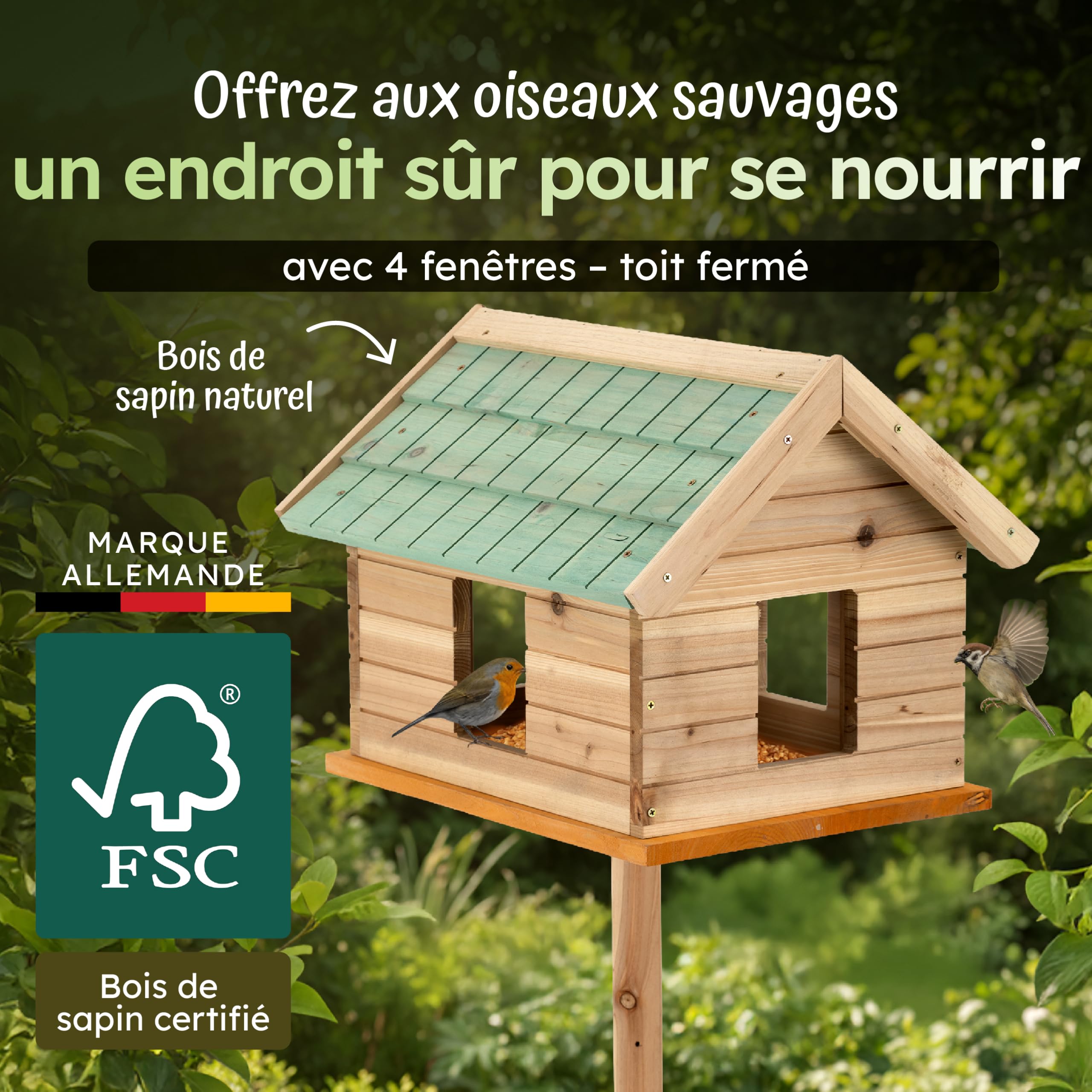 Moorland Nichoir Mangeoire Oiseaux Exterieur sur Pied 135 cm avec Fenêtres – Grande Mangeoire Cabane Oiseaux en Bois pour Jardin Balcon Terrasse – Toit Résistant aux Intempéries Toute l'Année – VH2