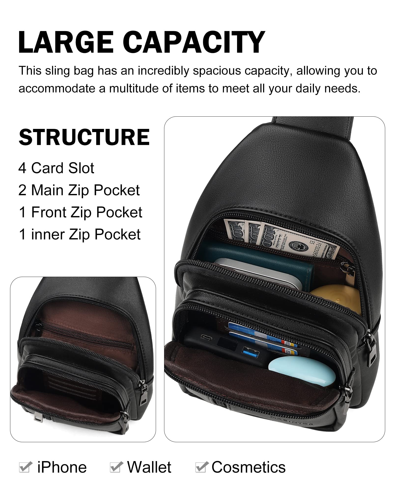 MASINTOR Sling Bag for Women - Crossbody Bags Fanny Pack with Vegan Leather - Adjustable Sling Backack for Travel Pure Black