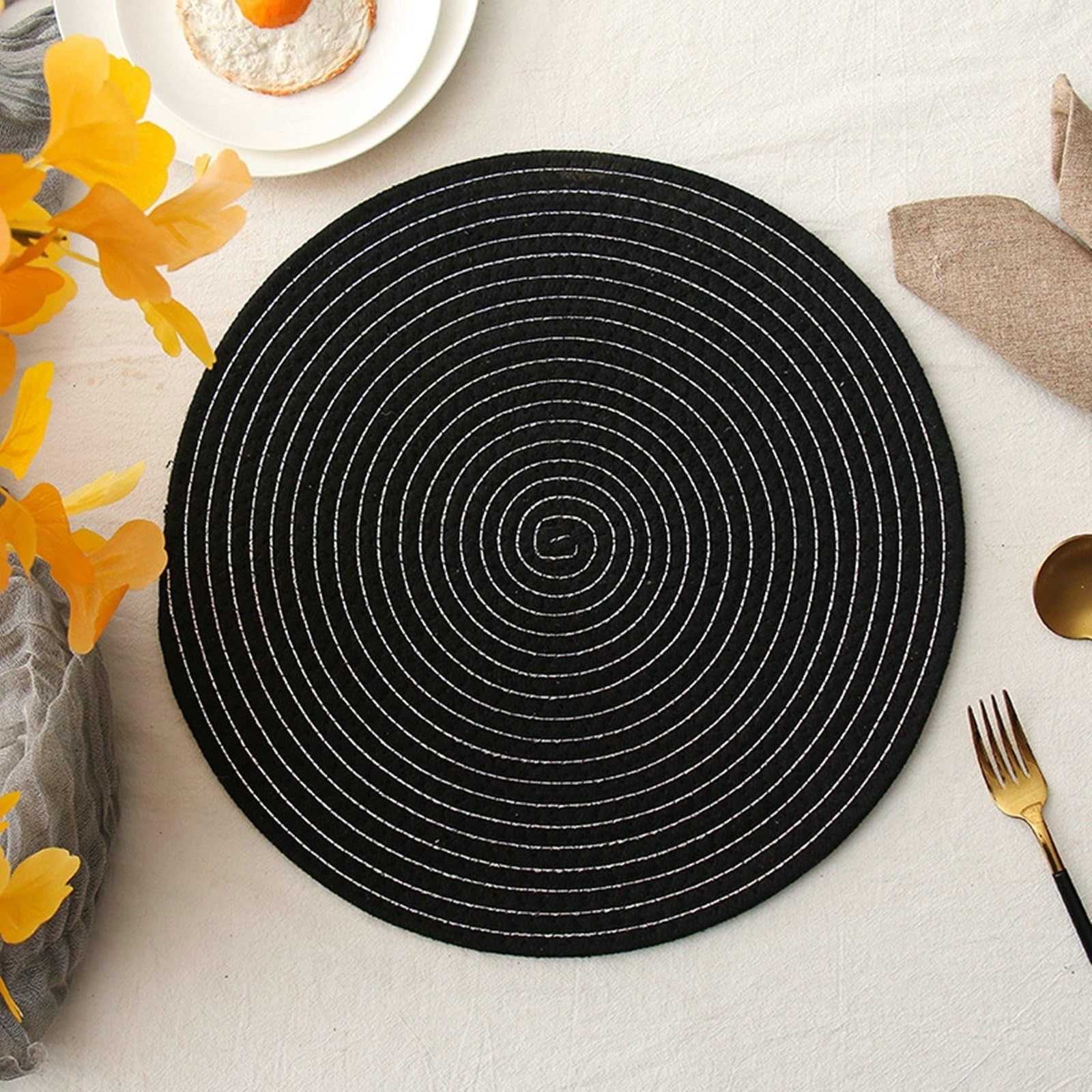 Placemat - Juego de 8 manteles individuales redondos de 38 cm, color negro y plateado