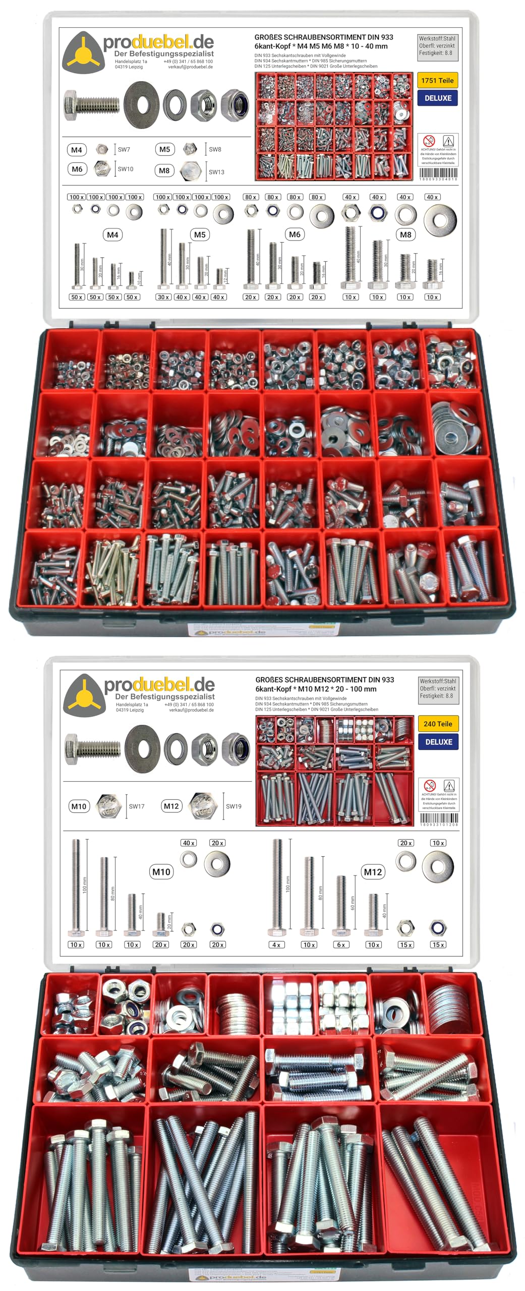 Sparset Großes Schrauben-Sortiment DIN 933 M4/M5/M6/M8 & M10/M12 Stahl verzinkt 2001-tlg. (Deluxe-Boxen)