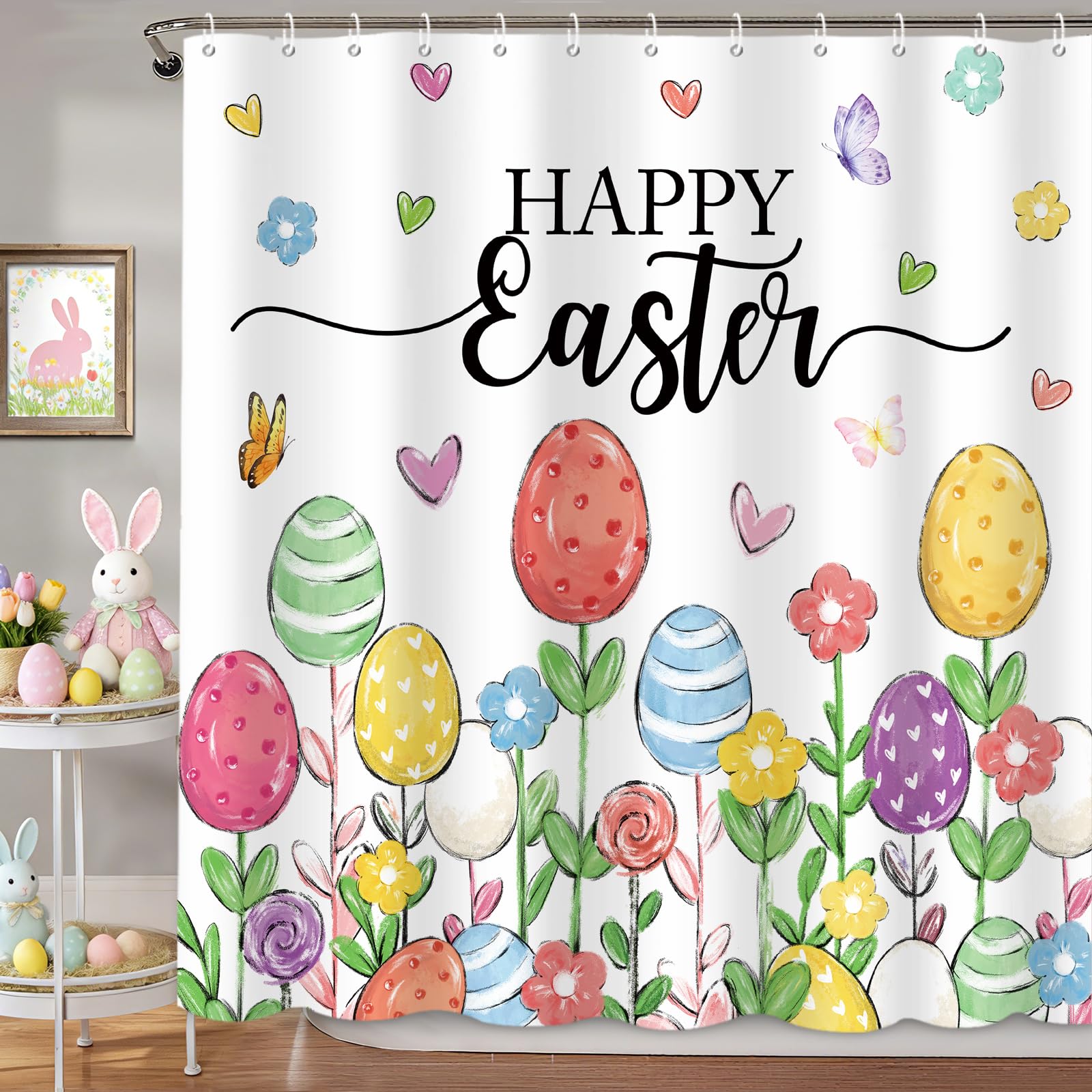 MEHOFOND Happy Easter Shower Curtain,Spring Bunny Rabbit Shower Curtains for Bathroom,Cute Colorful Eggs Floral Flowers Shower Curtain Bathroom Decor Sets with 12 Hooks Polyester Fabric 72x72 in