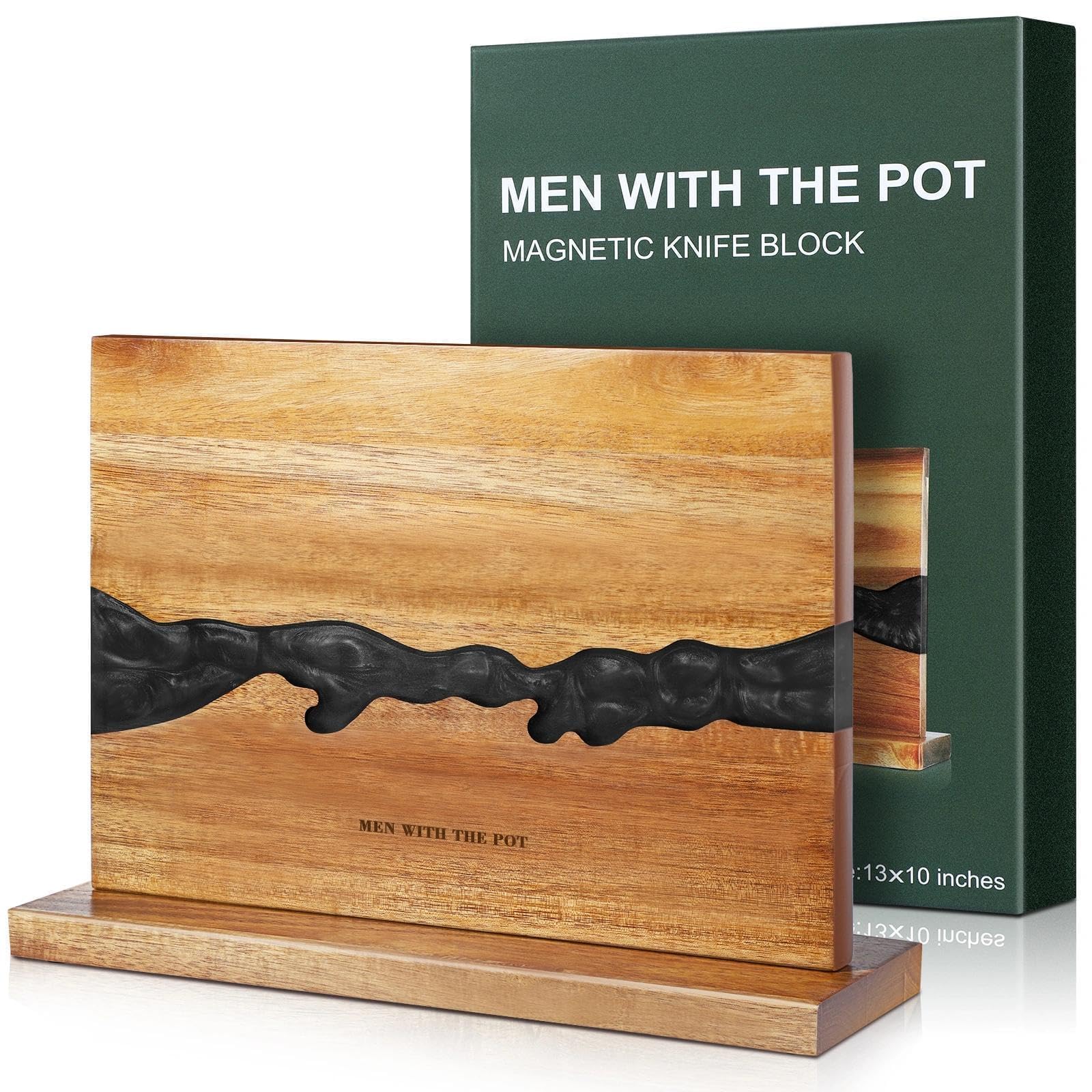MEN WITH THE POT magnetic knife block in natural wood with black resin accent