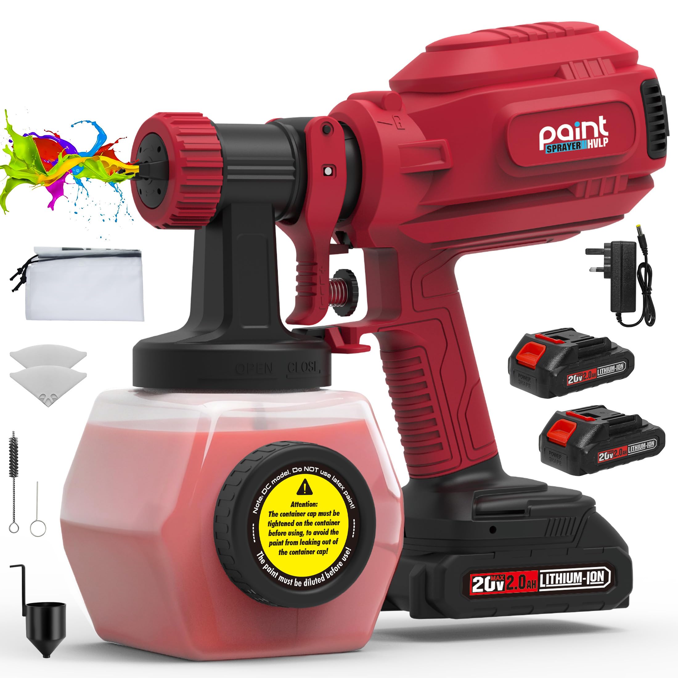 Cordless Paint Sprayer with 2x 2.0Ah Batteries & Charger, Quick Side-Fill 1200ML Container, 4 Nozzles