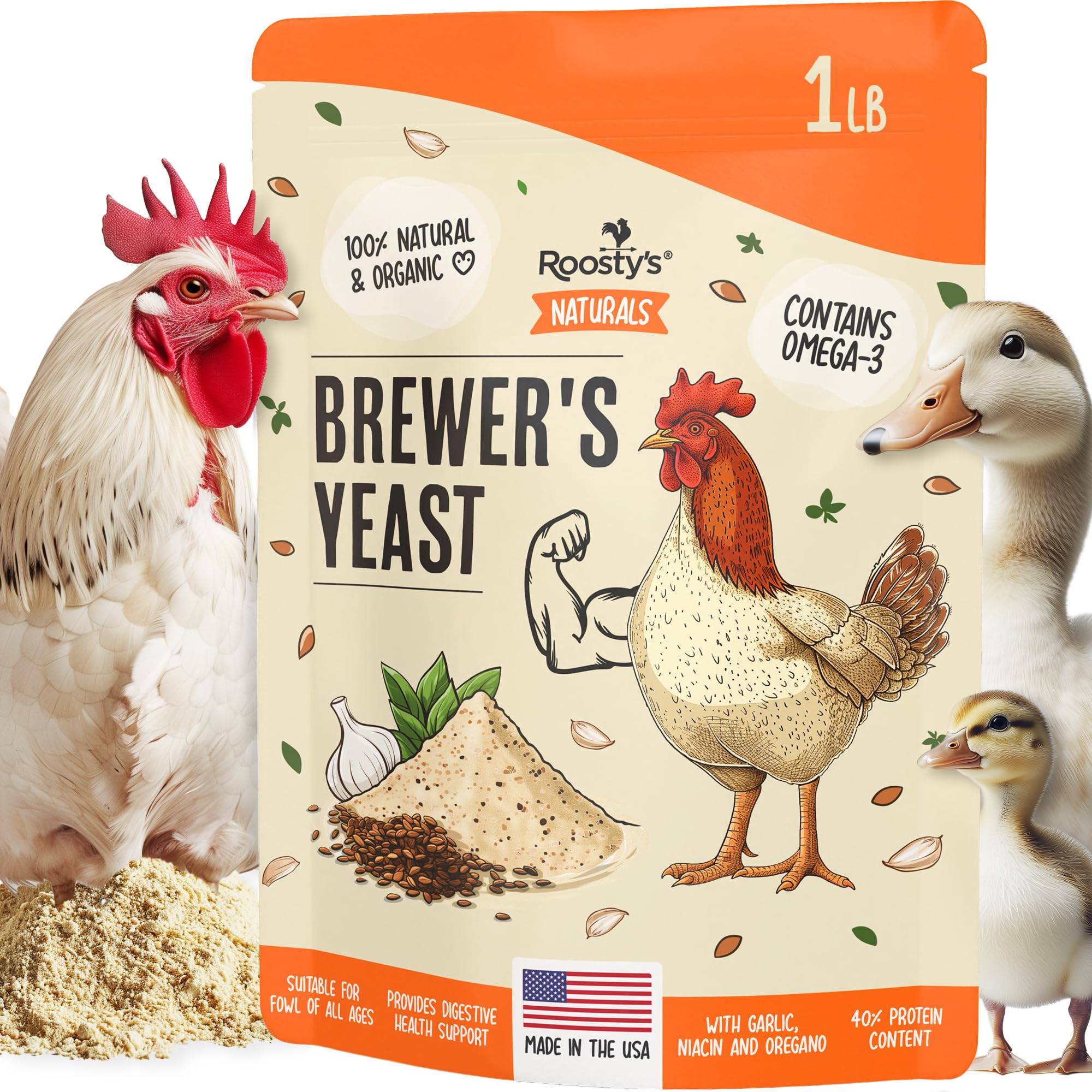 Naturals Brewer's Yeast - Over 40% Protein | 1LB Premium Brewers Yeast Powder | Made in The USA | Chicken Vitamins and Supplements with Oregano, Niacin and Flax Seed for Improved Eggs