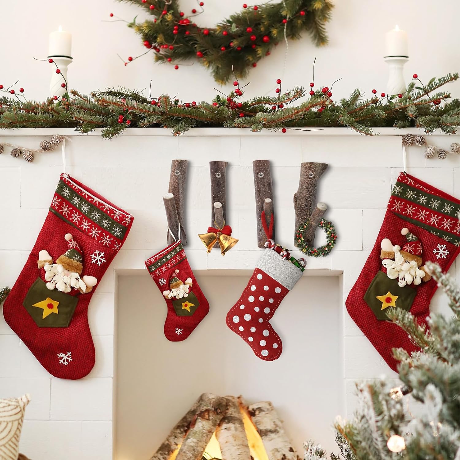 8Pcs Real Wood Tree Branch Wall Hook, Farmhouse Rustic Decorative Wooden with Bark Trunk Thickness 2cm-3cm with Screw