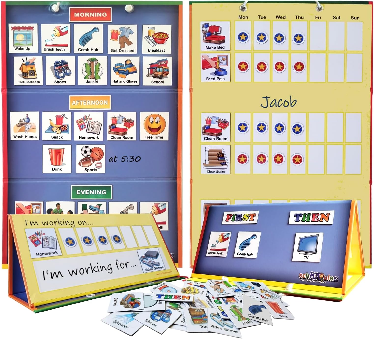 SchKIDules 2-in-1 Home Bundle Visual Schedule: Daily Kids Calendar and Weekly Responsibility Chart All in One; 18" Trifold Magnetic Board, 72 Activity Magnets and 57 Accessory Magnets 141