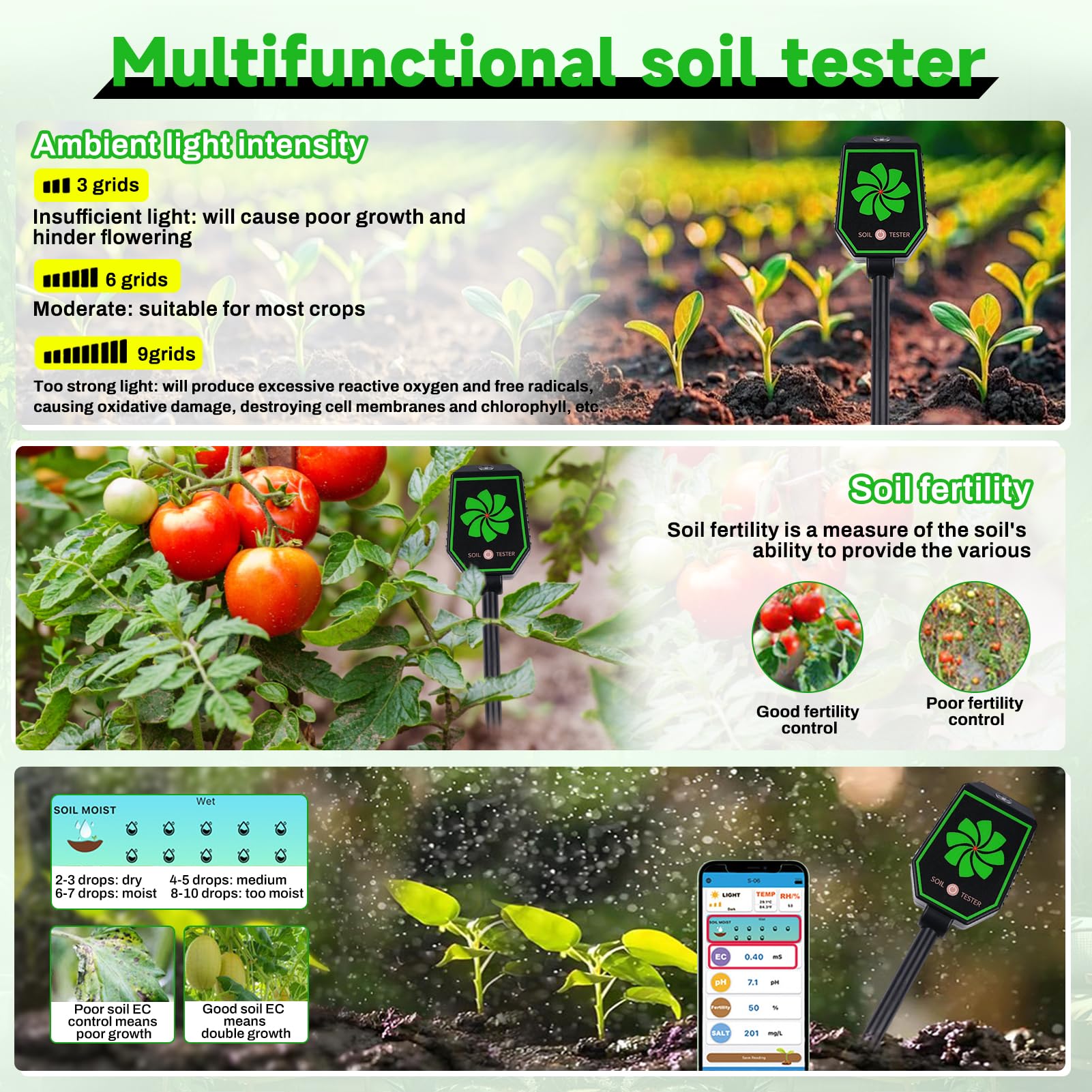 8 In1 Testeur ph Sol Testeur humidité Plante Hygrometre Plante PH/EC/salinité/fertilité/température de l'air/température du Sol/lumière/humidité du Sol Se connecte à l'application Mobile.