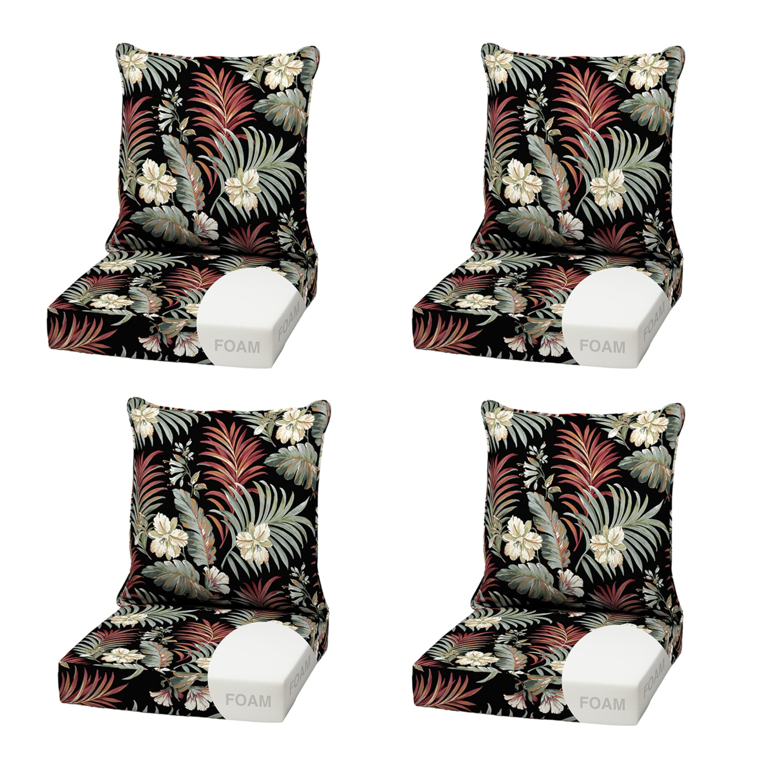 Arden Outdoor Deep Seat Cushion Set, Foam, 4-Pack, 22x24, Black Tropical
