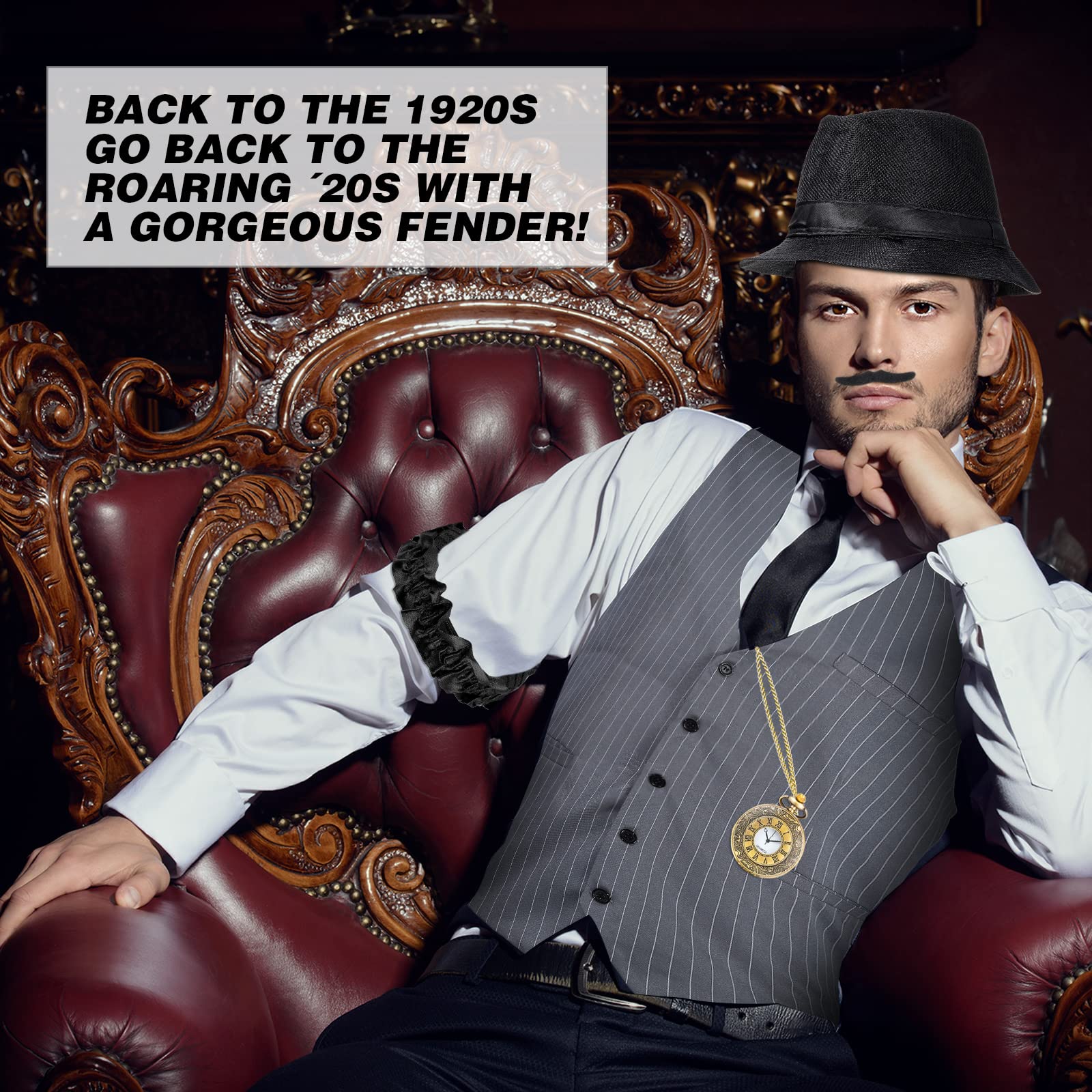 Blulu Disfraz Hombre 1920 Halloween con Chaleco Sombrero Fieltro Reloj Bolsillo Tirante
