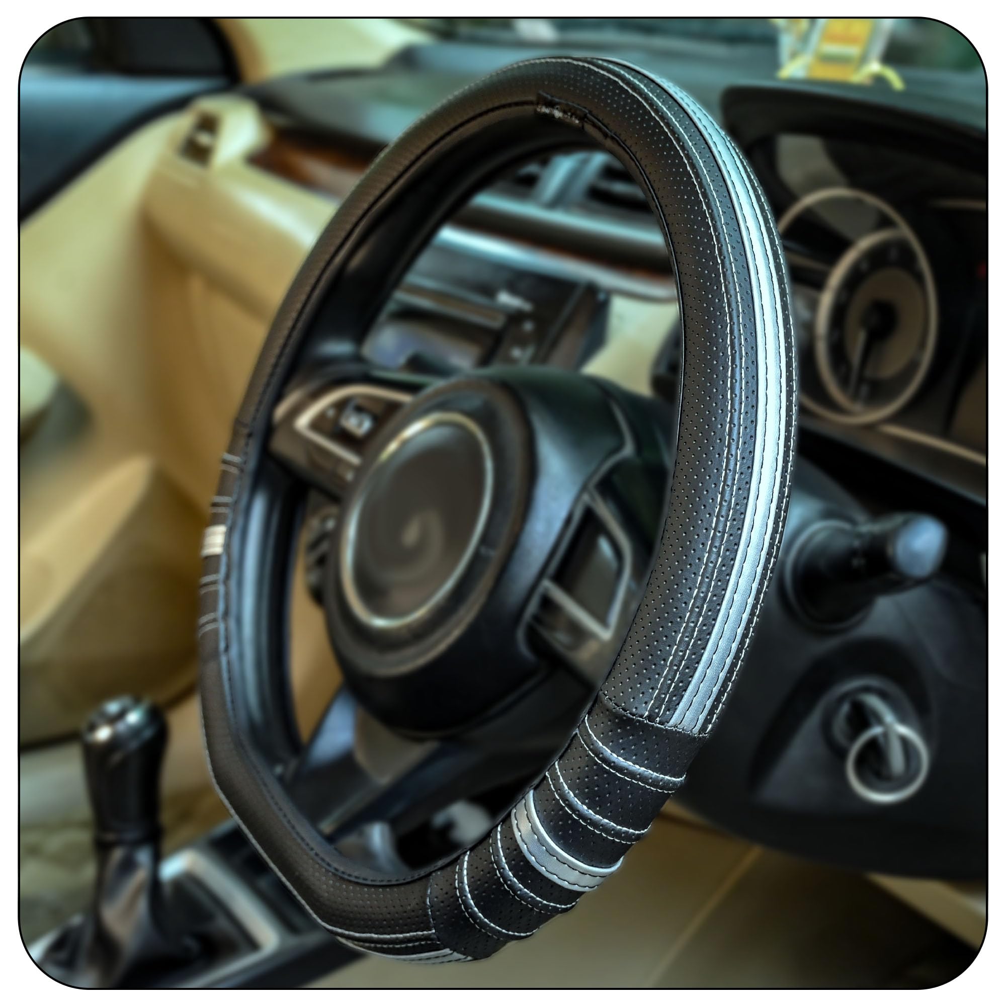 CONTINENTAL DuraGrip Classic D-Shape Car Steering Wheel Cover Build with Premium Vegan Leather Anti Slip Natural Rubber (Black & Silver).