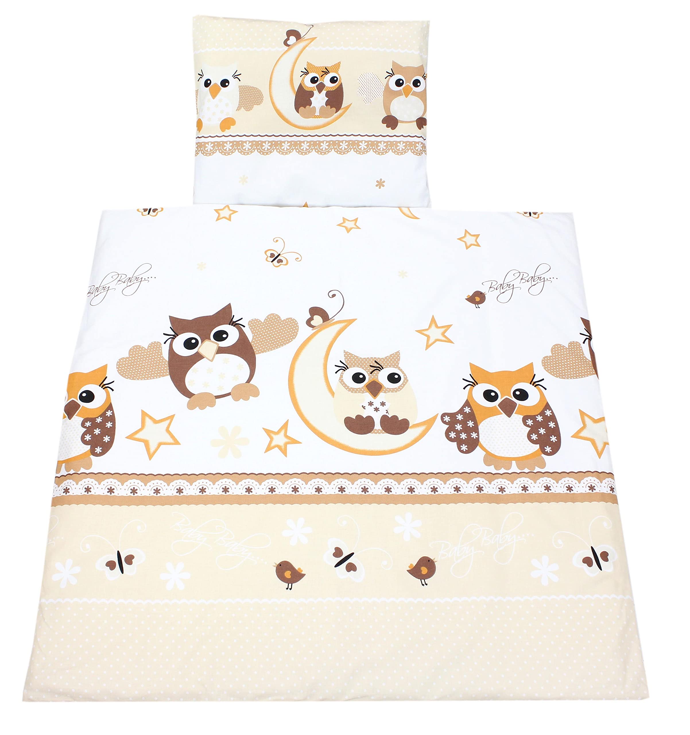 TupTam Baby Crib Pram Bedding Set Duvet Pillow - 4 pieces, Owls Beige, 80x80 cm