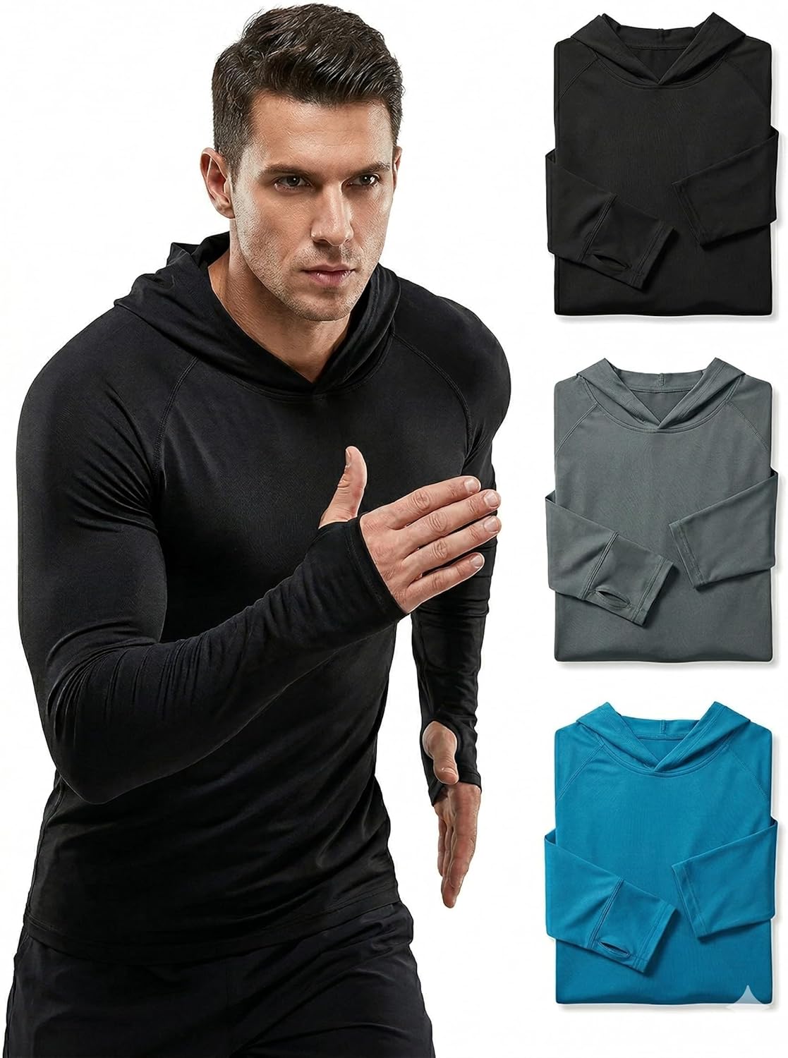 3-Pack Men's UPF 50+ Sun Protection Hoodie Lightweight Long Sleeve Fishing Shirt with Thumbholes Running & Workout