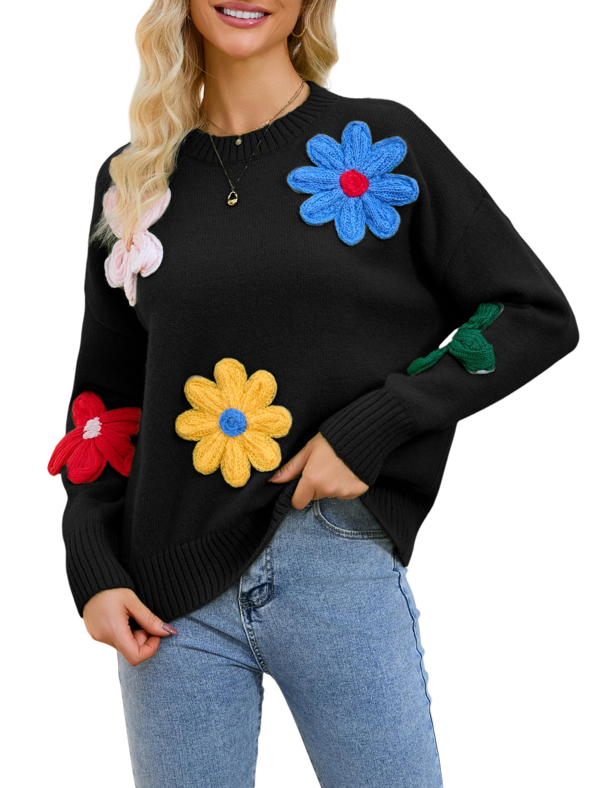 Women Floral Sweater Long Sleeve Round Neck Casual Lounge Colorful Flower Knit Pullover Top