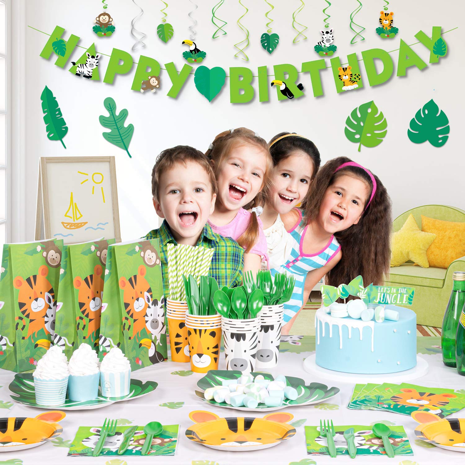 DECORLIFE Safari Theme Party Supplies Serve 24, Animal Safari Plates and Napkins Party Supply for Jungle Birthday Decorations, Includes Safari Goodie Bags, Tablecloth, Banner, Total 218PCS