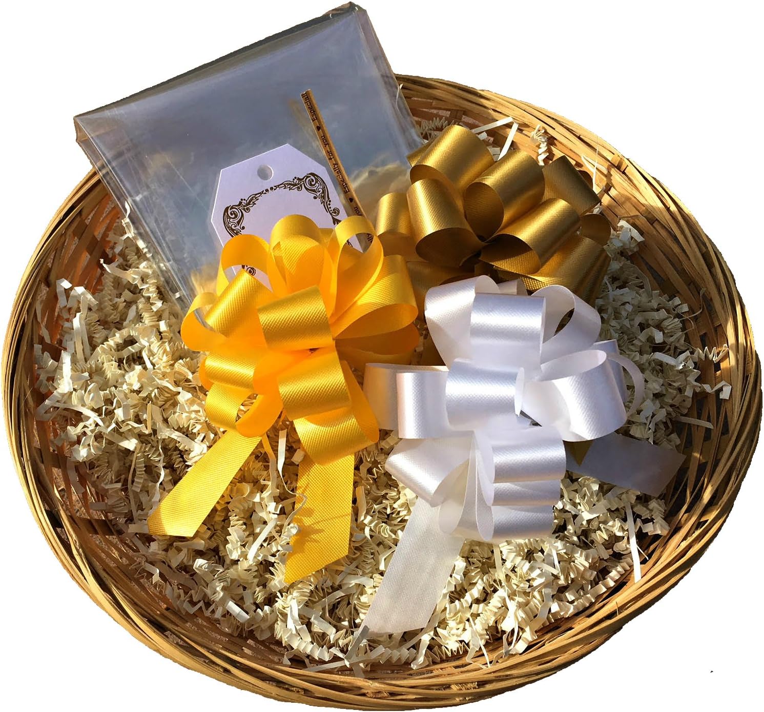 12" Empty Gift Basket, Easy Gift Wrap Kit, 8-Piece Set w/Reusable Basket to Fill, Cellophane Bag, Paper Shred, Twist Tie, 3 Pull Bows, Gift Tag; Birthday, Christmas, Easter, Etc (Gold and White)