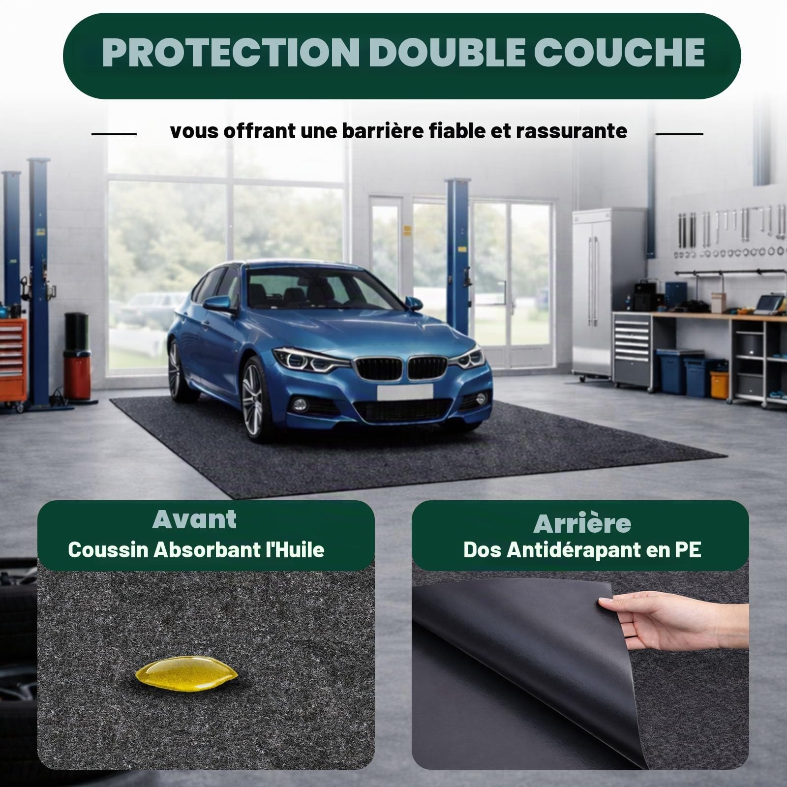 Tapis de Sol de Garage 100 x 300 cm, Absorbant et Imperméable, 2 Pièces