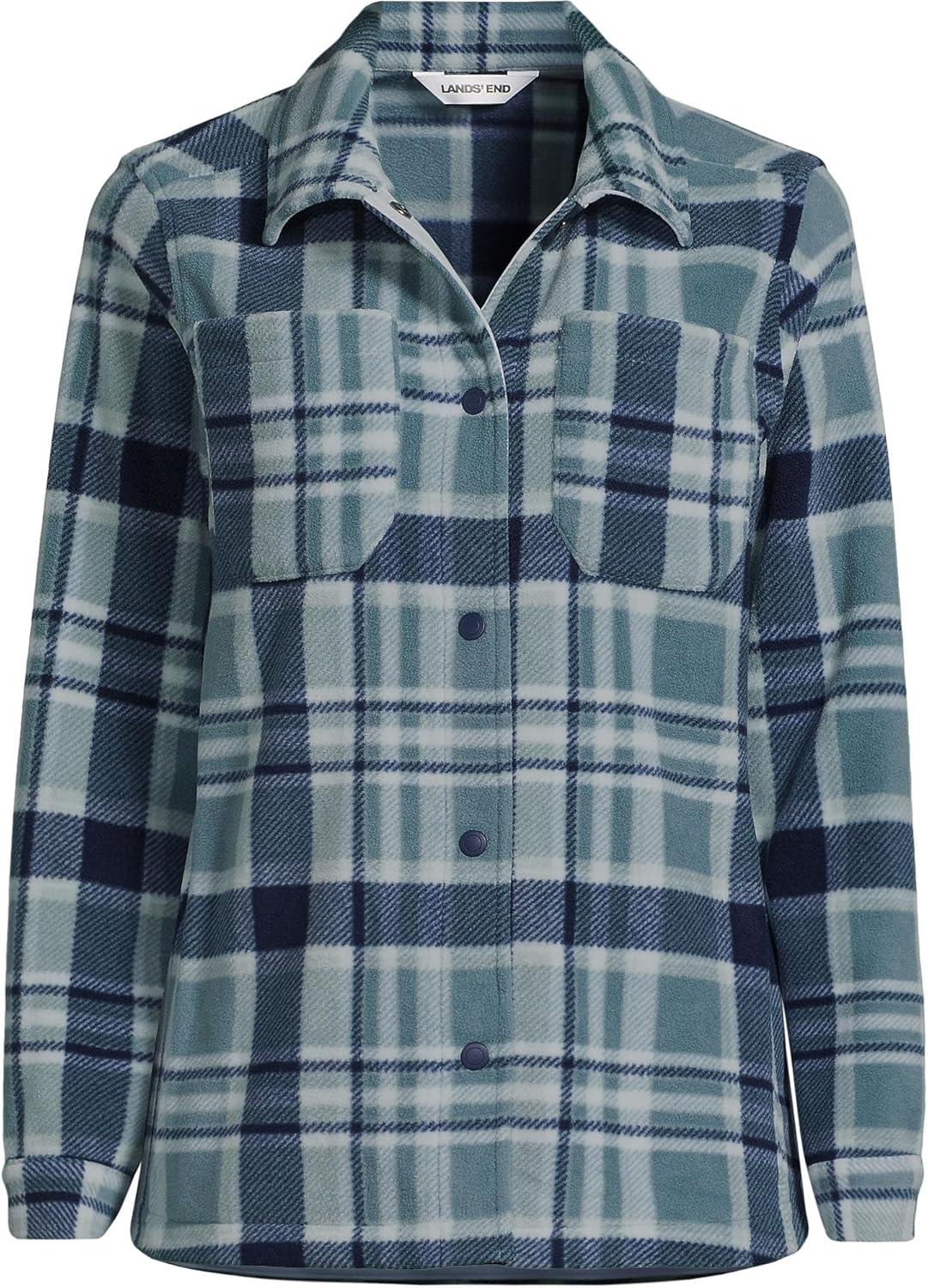 Lands' End Women's Print Anyweather Fleece Shirt Jacket Small Soft Ice Blue/Navy Plaid - Image 4