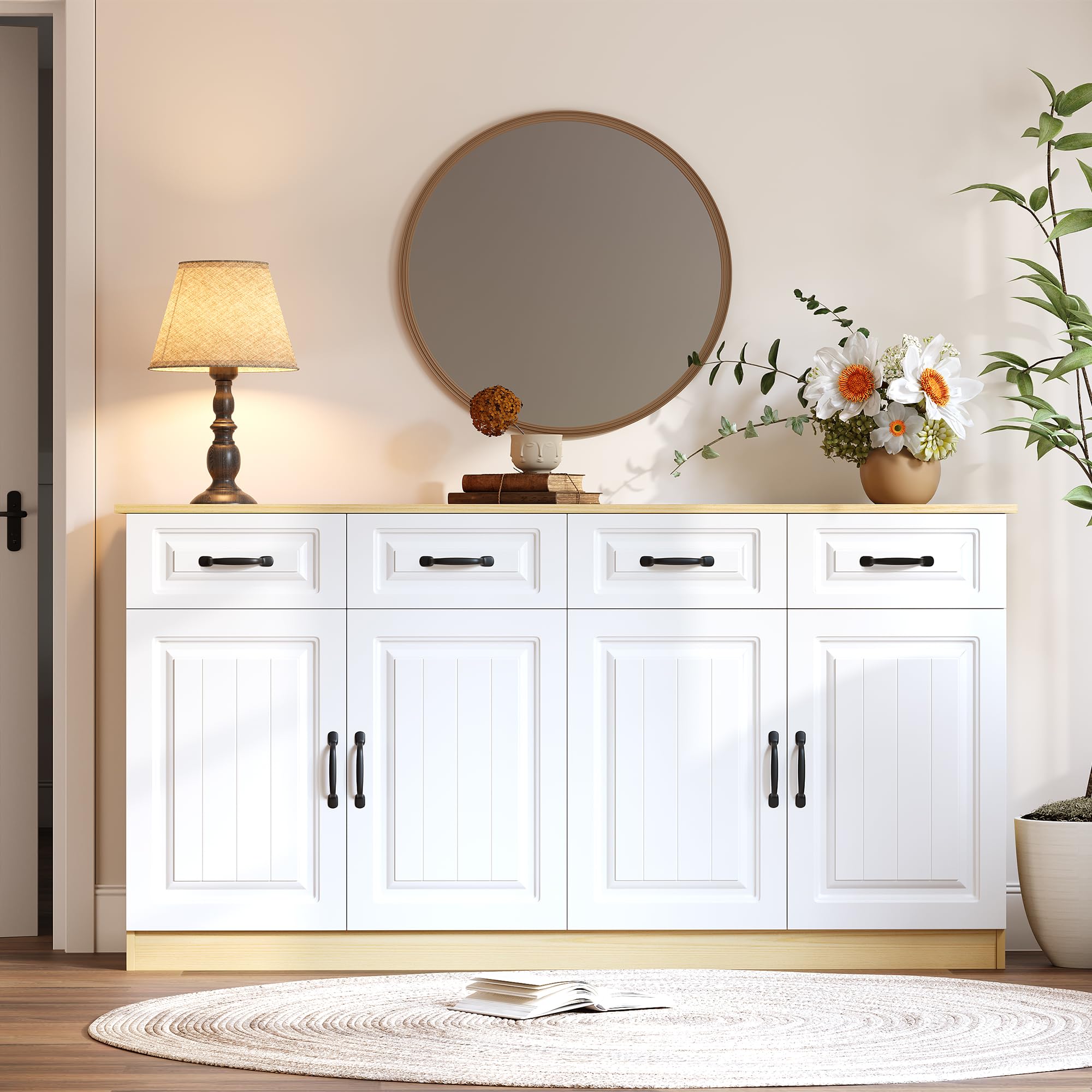 Wiuzo Sideboard,Kommode mit 4 Schubladen und 4 Türen,2 Ablageflächen,geriffeltem Design und 8 Metallgriffen,für Wohnzimmer,Schlafzimmer und Küche, 160x35x80cm,Weiß + Naturholzfarbe