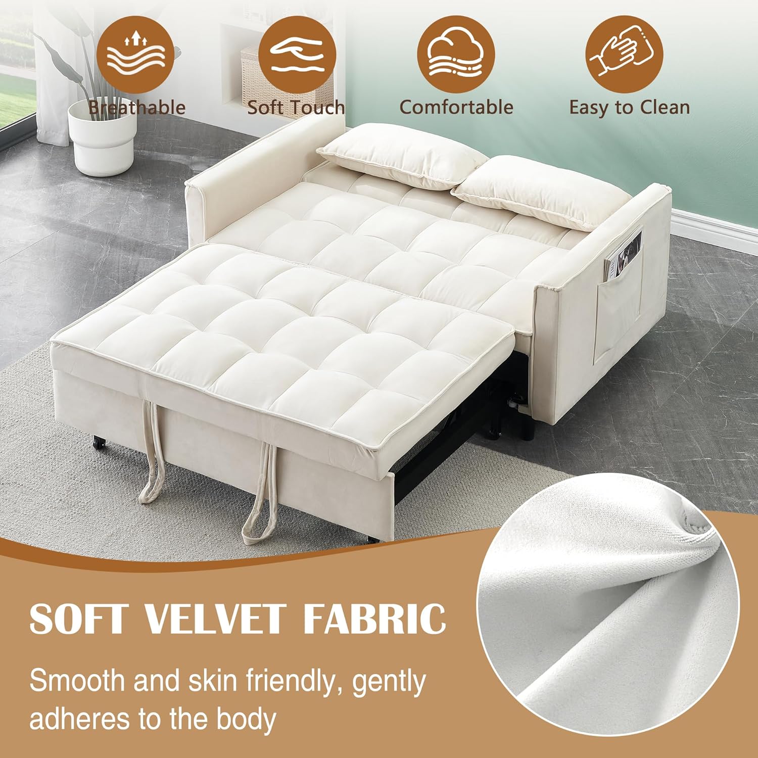 3 in 1 Convertible Sleeper Sofa Bed, Modern Velvet Loveseat Pull-Out Couch, Futon Love Seat Lounge Sofa with Pull-Out Bed & Adjustable Backrest and Side Pocket for Small Apartment, Bedroom