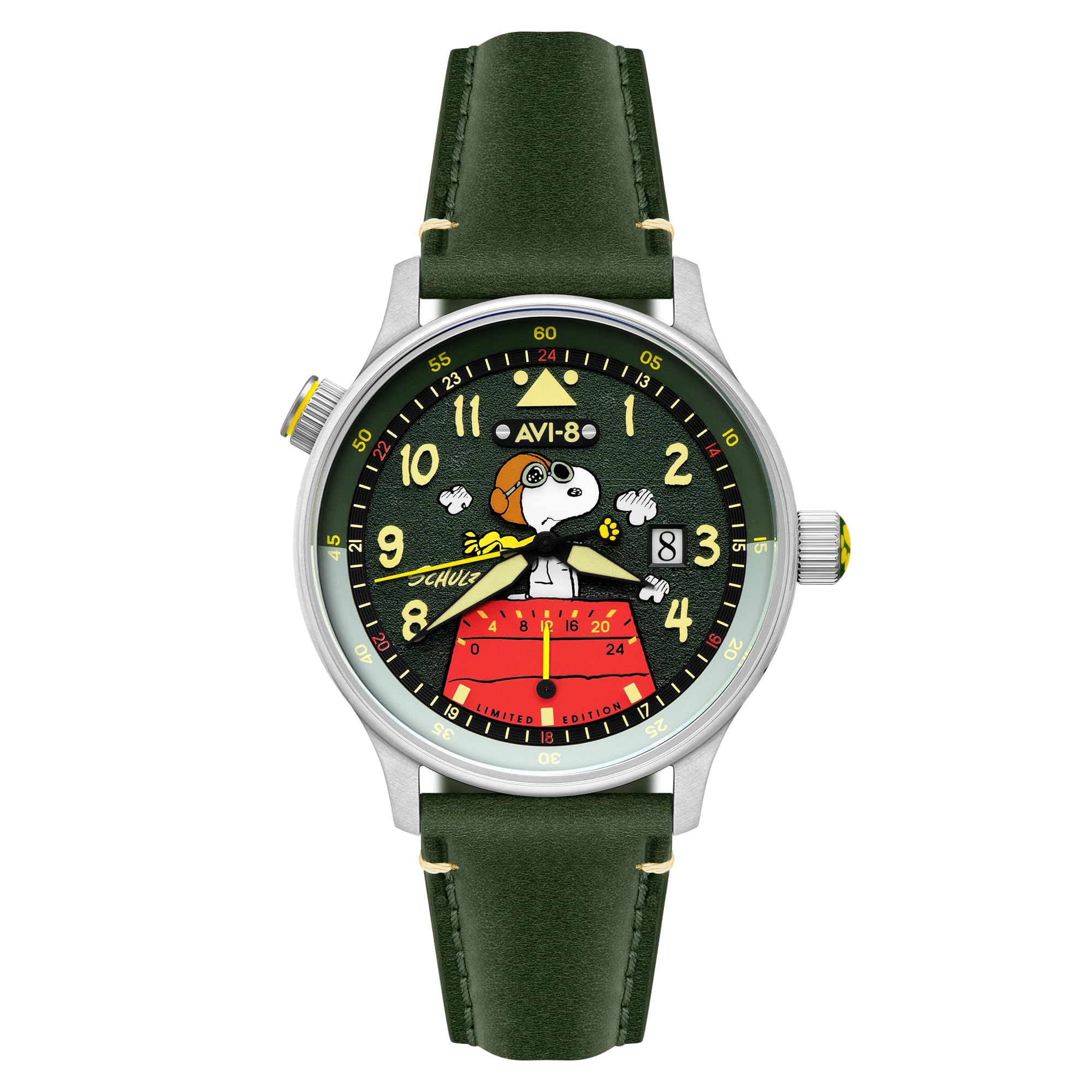 AVI-8 Hawker Hurricane Mckellar Dual Time Peanuts Snoopy Flying Ace Herren-Armbanduhr mit Lederarmband, 43,5 mm, AV-4151