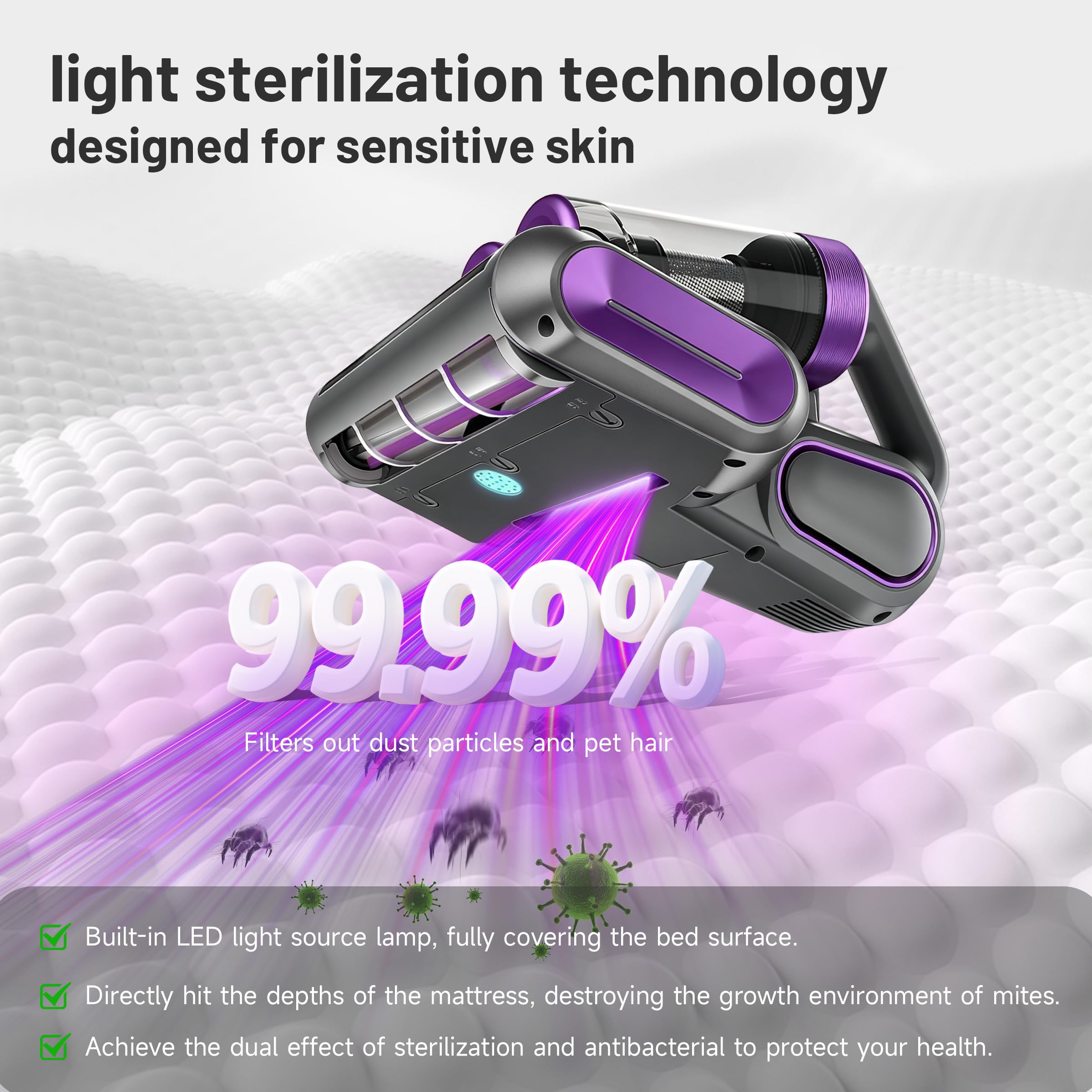 Elecbee Kabelloser Milbensauger für Matratzen, Milbensauger mit UV Licht, Milbenstaubsauger LED-Anzeige, Matratzensauger Ultraschall-Technik, Handstaubsauger für Matratze Sofa Teppichboden