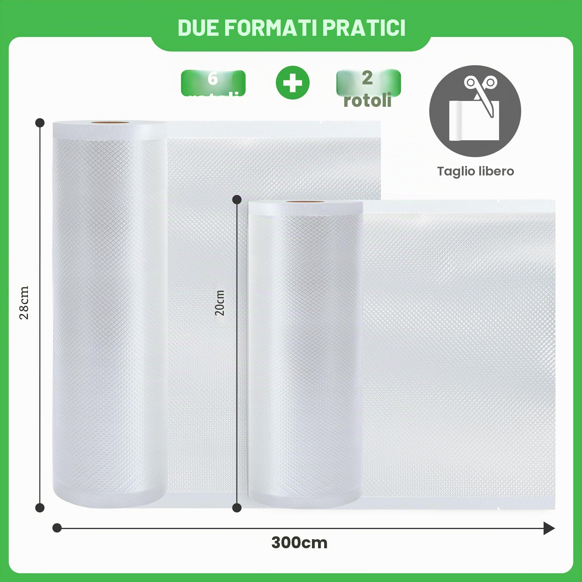 KitchenBoss Sacchetti Sottovuoto Alimenti：Buste Sottovuoto Alimenti 20x2/28x6/300 cm, 8 Rotoli, Rotolo Sottovuoto Alimenti Senza BPA, Adatti per Macchine Sottovuoto & Cottura Sous Vide