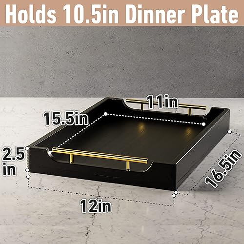 Miniatura 6 de Bandeja de mesa de café negra de 16.5 x 12 pulgadas, bandeja otomana de madera real para sala de estar, bandeja de servir con asas, bandejas