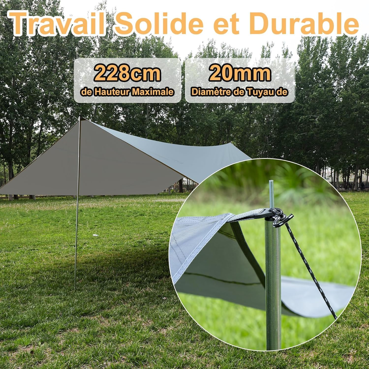 WADEO Bâche Anti-Pluie Plus Size 3.6x4.8m Camping Rain Tarp Toile Imperméable Légère avec Poteaux (Gris)