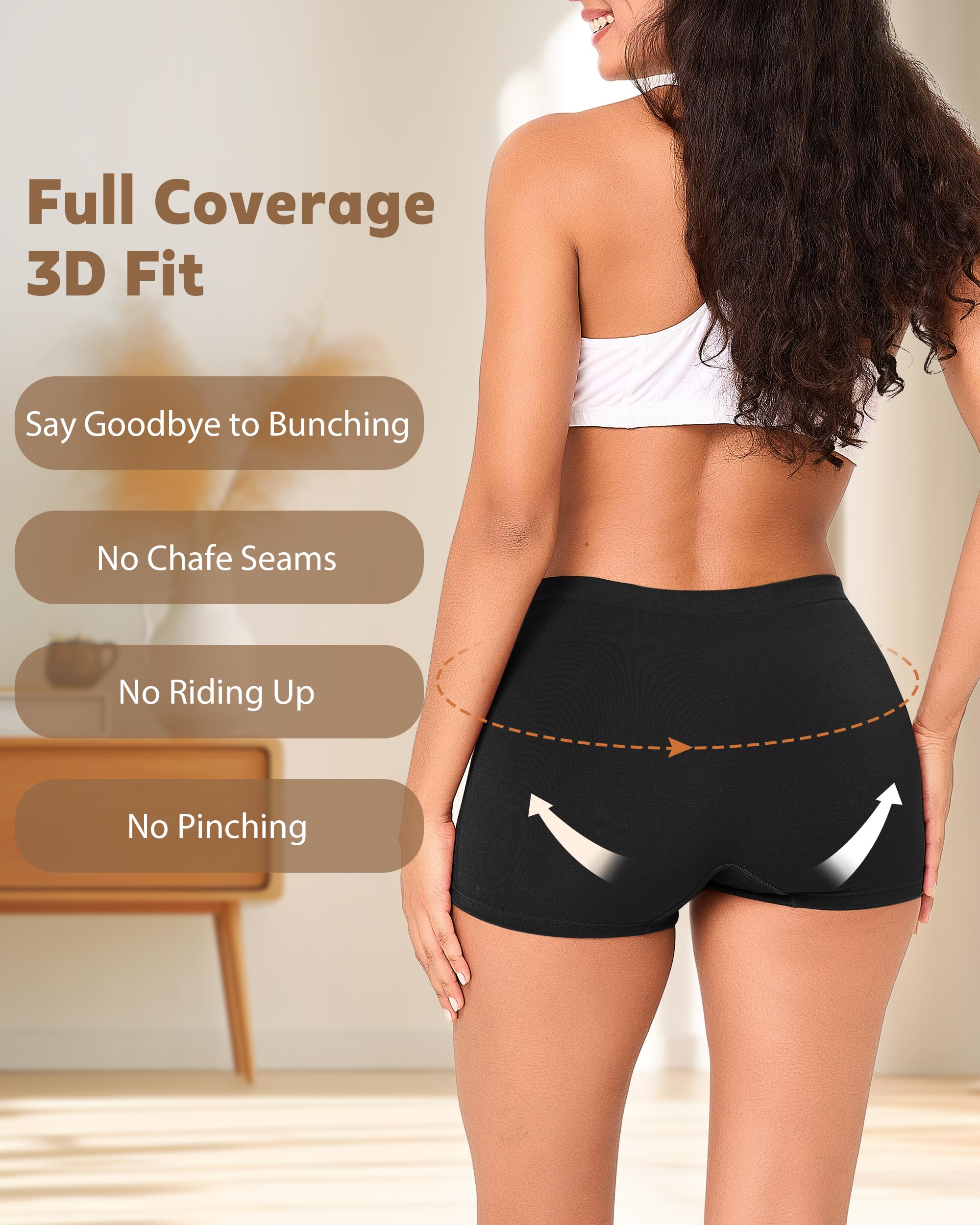 BAMBOO COOL Calzoncillos tipo bóxer para mujer, sin costuras, cintura media, elásticos, absorben la humedad, paquete de 5