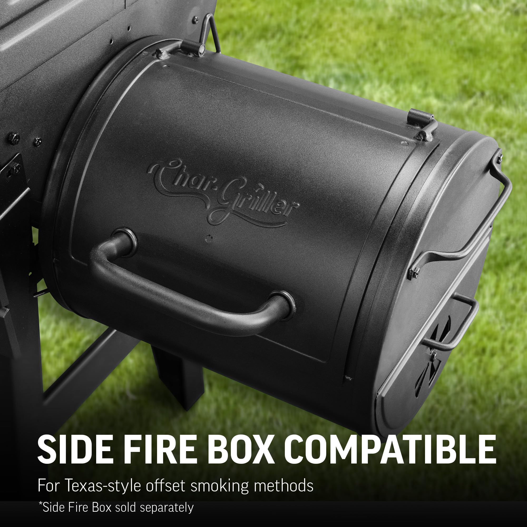 Char-Griller Wrangler 2823 grill na węgiel drzewny w kolorze czarnym z drewnianymi półkami