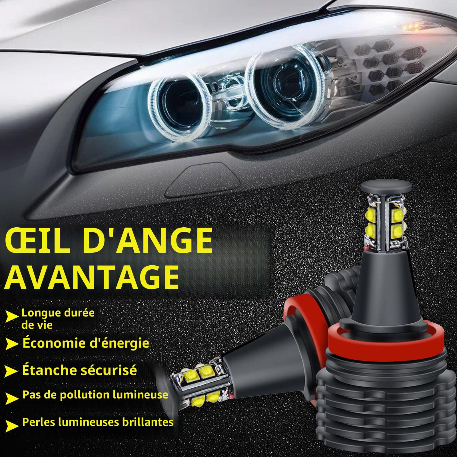 OPP ULITE Ampoule yeux d'angle de voiture H8 40W yeux d'ange phare Halo anneau LED ampoules de marqueur Canbus sans erreur blanc xénon pour E92 E87 E82 E90 E93 E70 E71 (2 pièces)