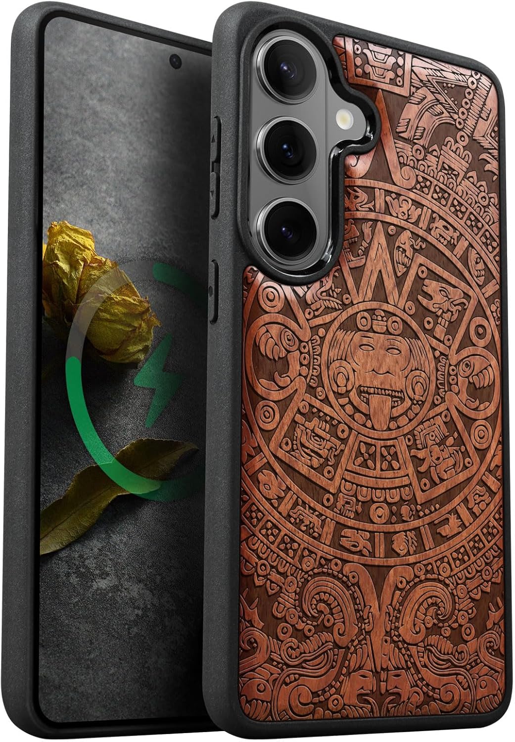 Carveit Magnetic Wooden Case for Samsung Galaxy S26 Case 2026, TPU Shockproof Cover & Wood Artisan Engraved, Compatible with MagSafe Wireless Chargers (The Maya Calendar) Rosy