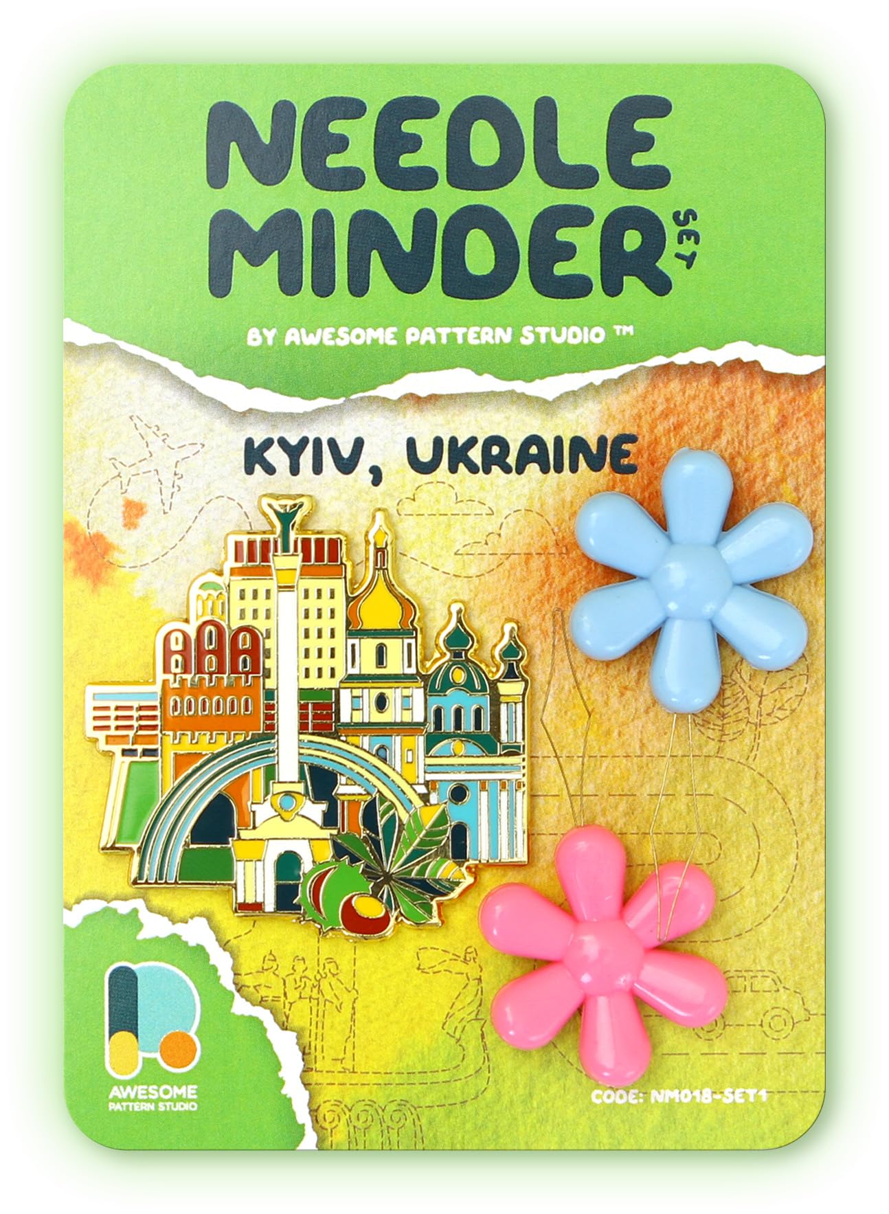 Awesome Pattern Studio Kyiv Magnetic Needle Minder + 2 Needle Threaders. Enamel Pin for Cross Stitch, Embroidery and Craft