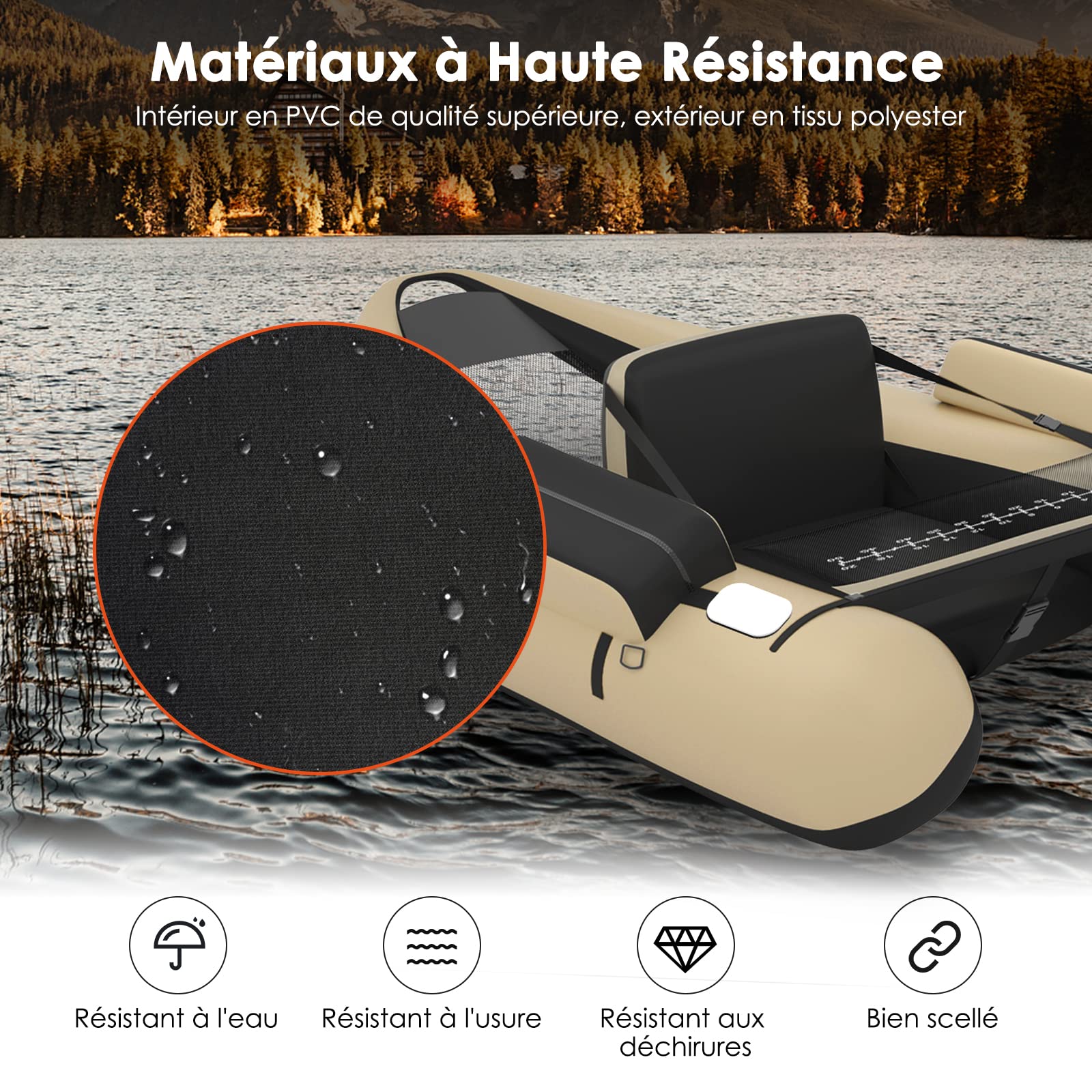 Goplus Barco de pesca inflable barco neumático flotante de respaldo ajustable Fishing Boat Beige, barcos y carga máxima 160 kg, 136 x 105 x 54 cm